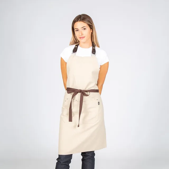 Gary's Aprons tablier bavette beige 82x72 sangle cuir 4 poches