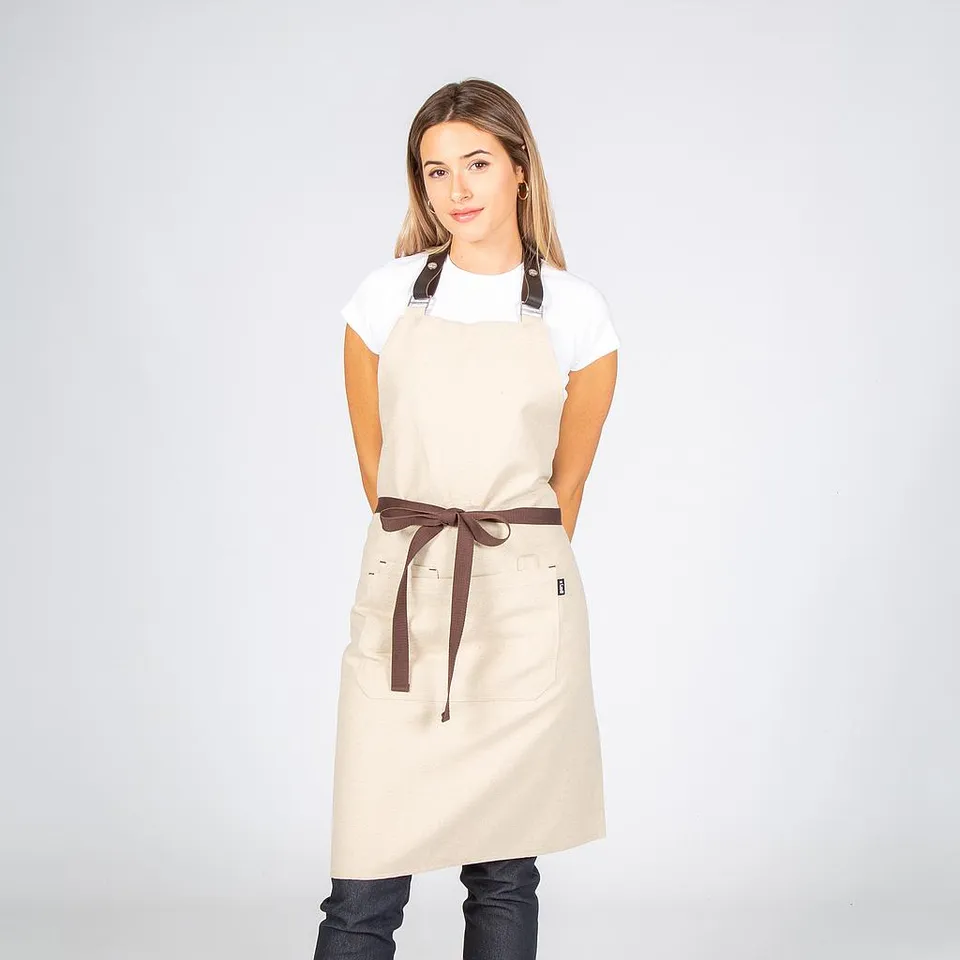 Gary's Aprons tablier bavette beige 82x72 sangle cuir 4 poches