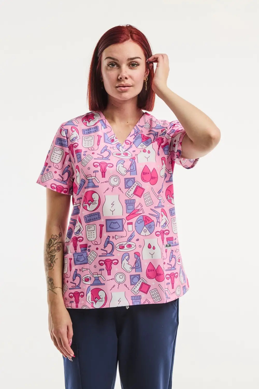 Aelin Paris Tunique Médicale Stretch Femme Rose Imprimé Gynécologue