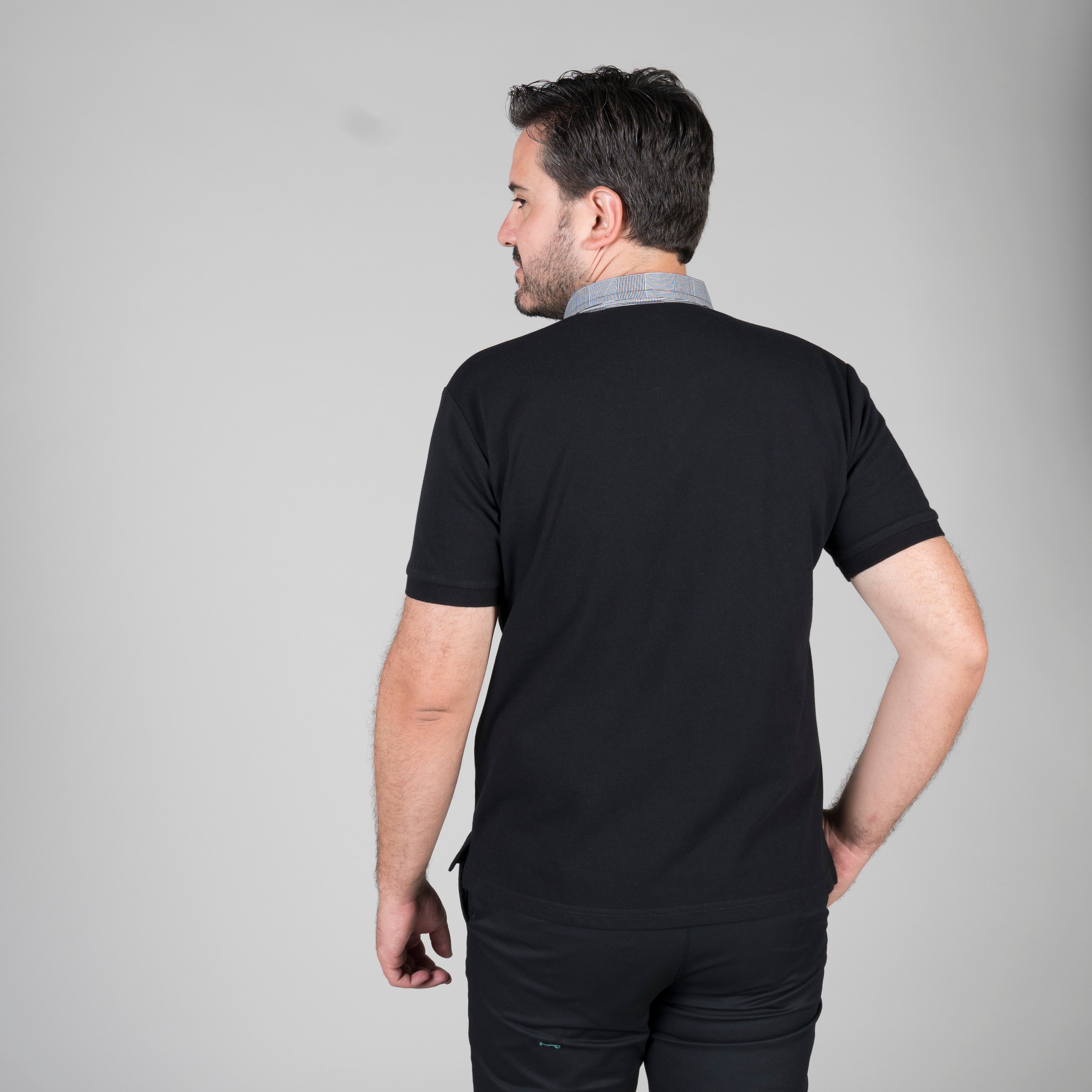 GARY'S Polo Homme Noir Gris Carreaux Manches Courtes