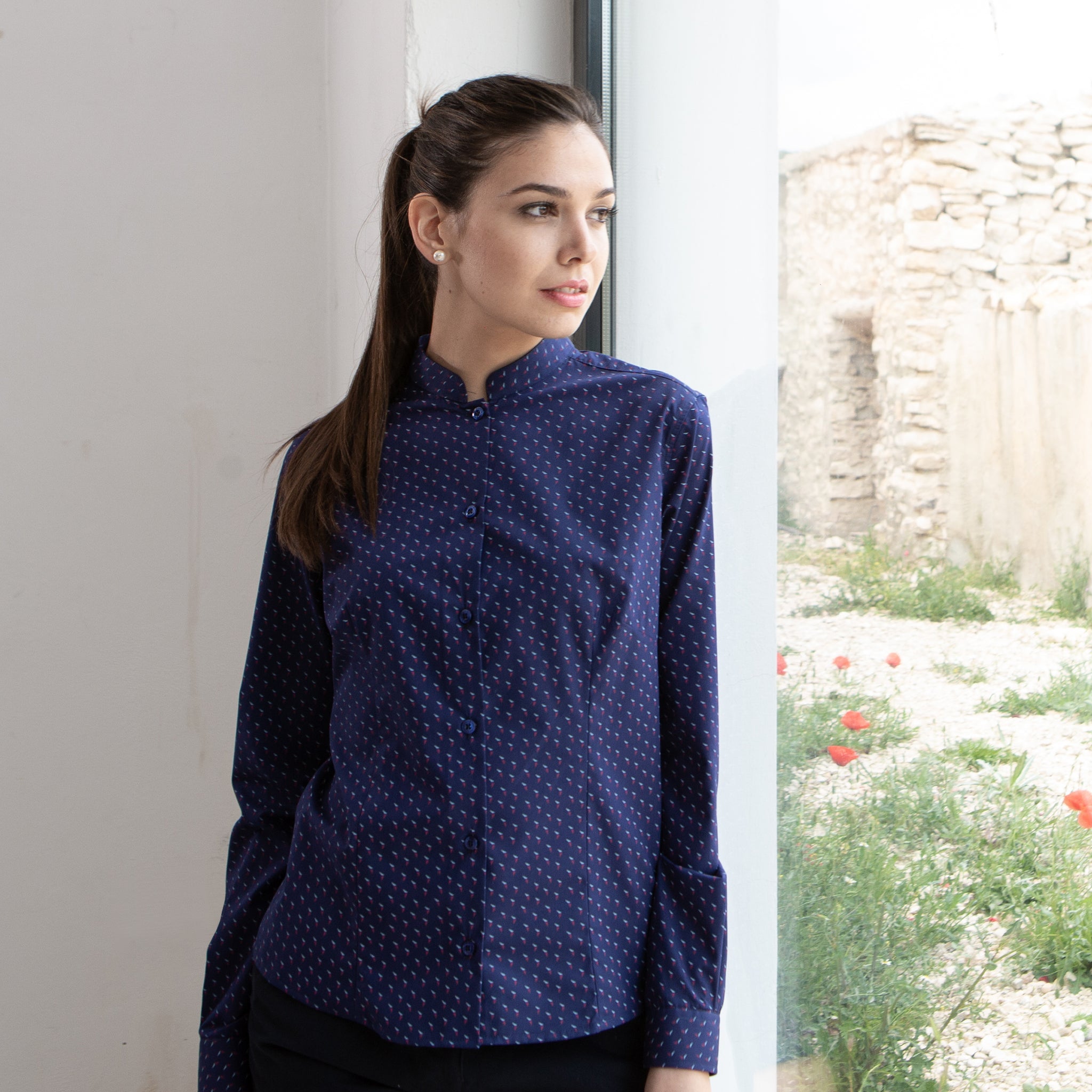 GARY'S Fiorella Chemise Travail Femme Marine Mouette - Col Mao