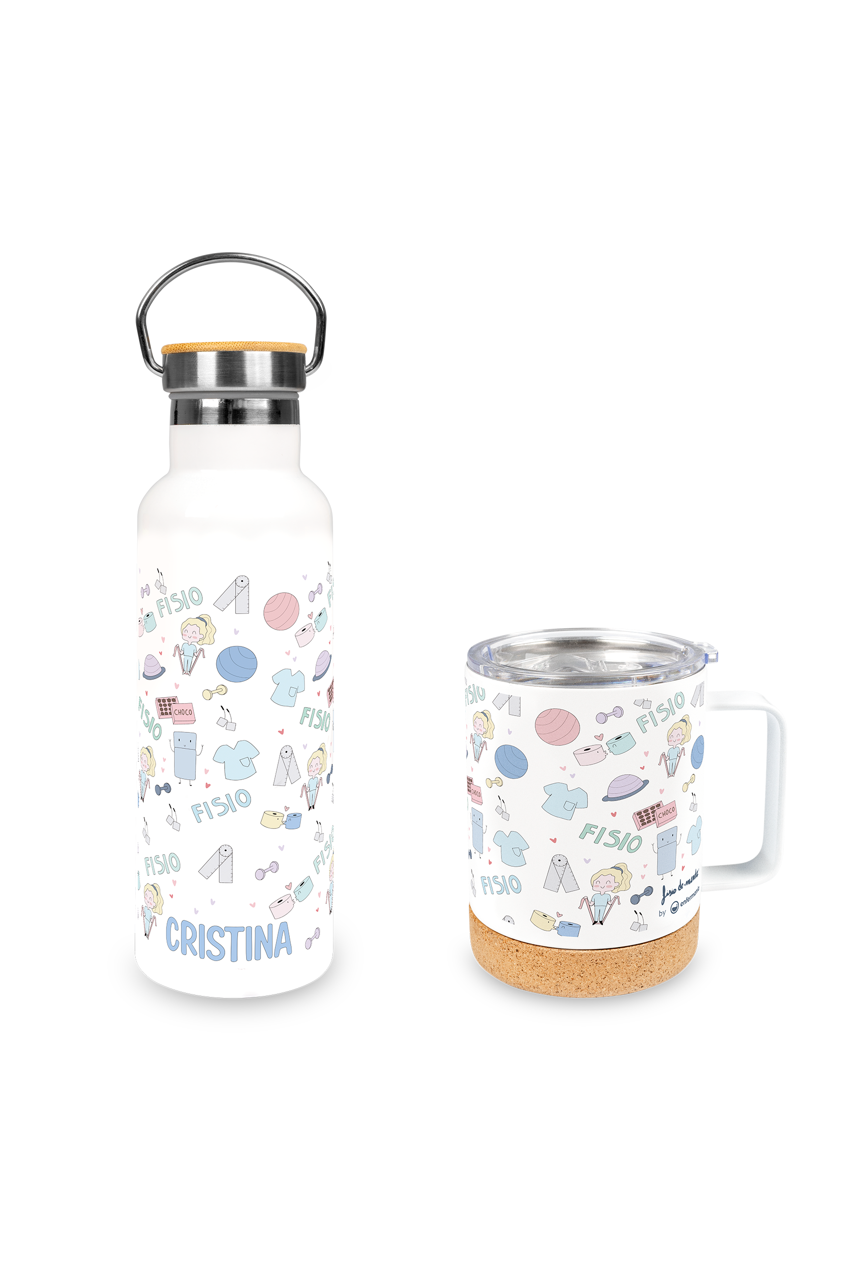 Enfermania Regalos Stickers pack gourde inox + mug isotherme