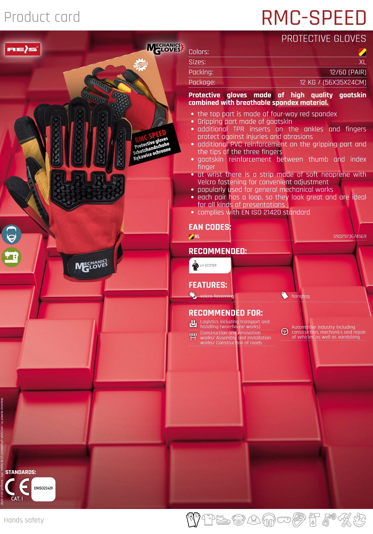 Reis RMC-Speed gants de protection cuir rouge-noir XL
