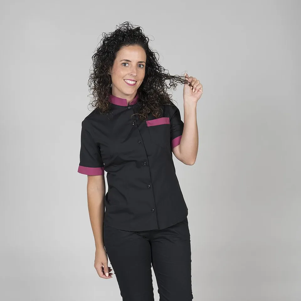 GARY'S Combi chemise femme col mao noire bordeaux manches courtes