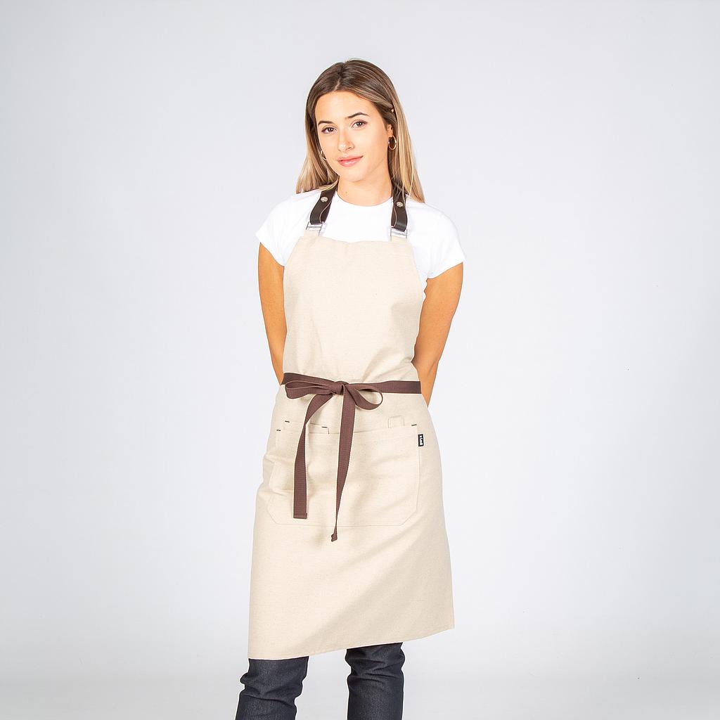 Gary's Aprons tablier bavette beige 82x72 sangle cuir 4 poches