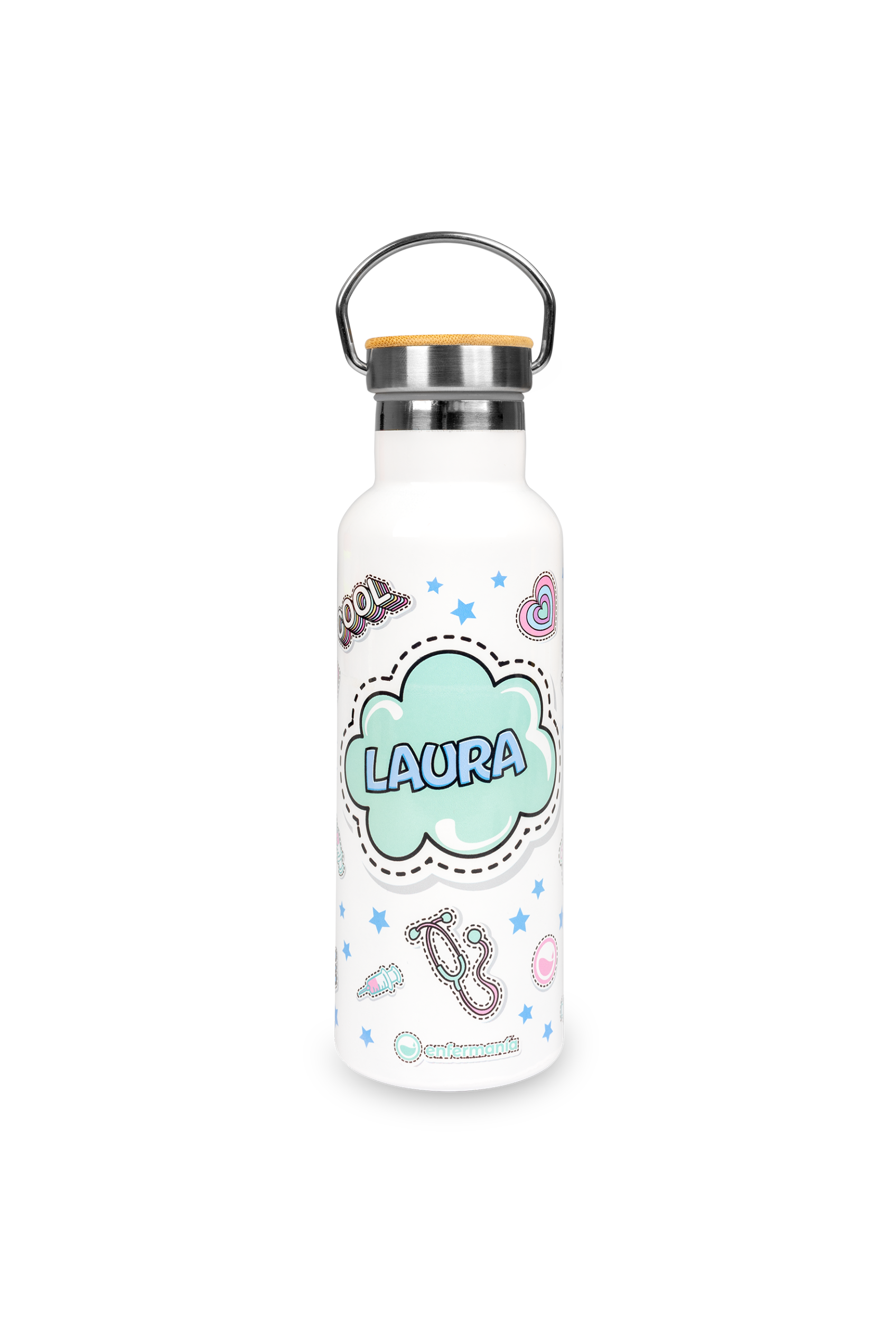 Enfermania Stickers gourde inox 500 ml bambou personnalisable