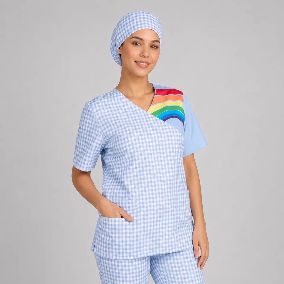 Gary's Rainbow blouse unisexe celeste vichy manches courtes