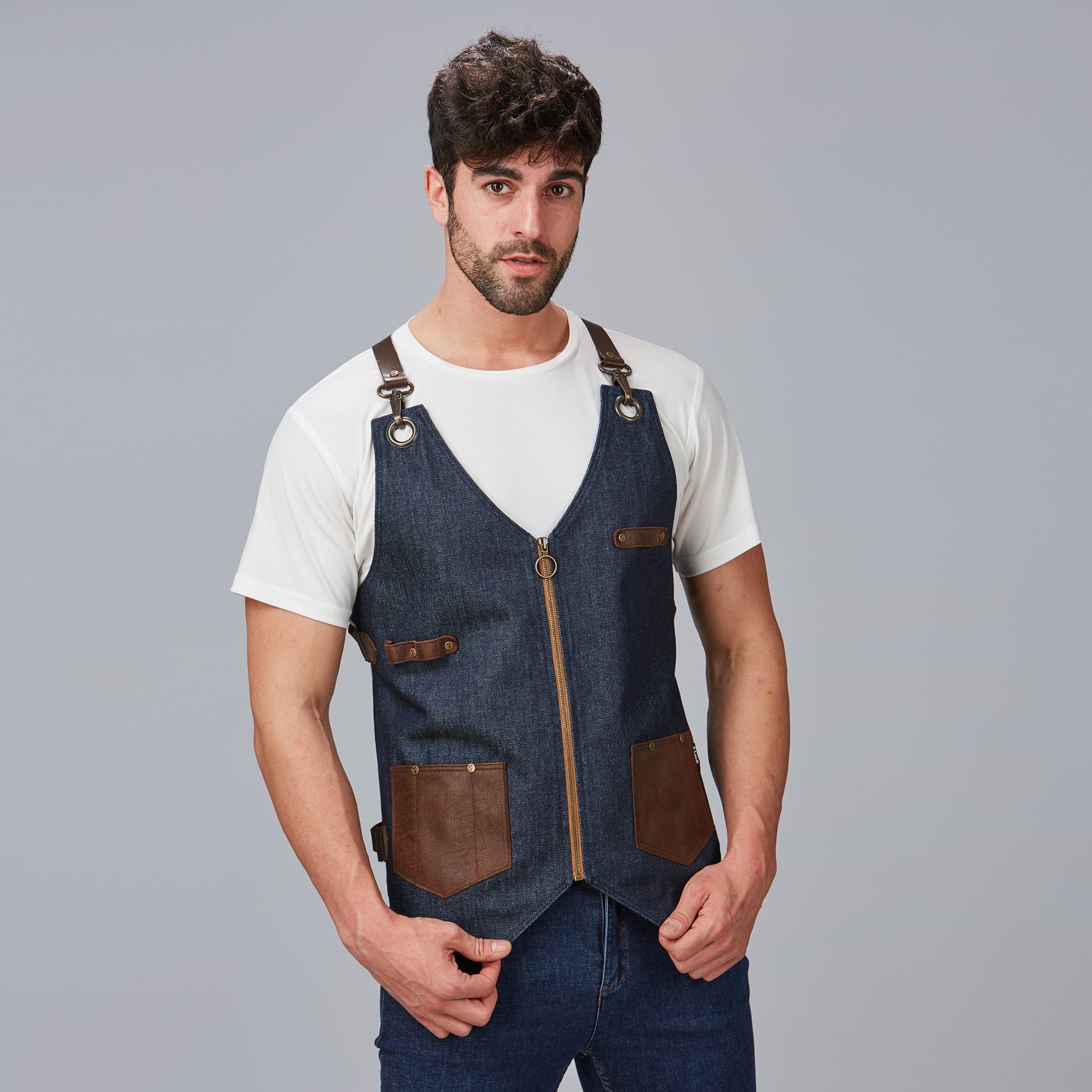 GARY'S Kurume Gilet de Travail Marine - Denim et Cuir