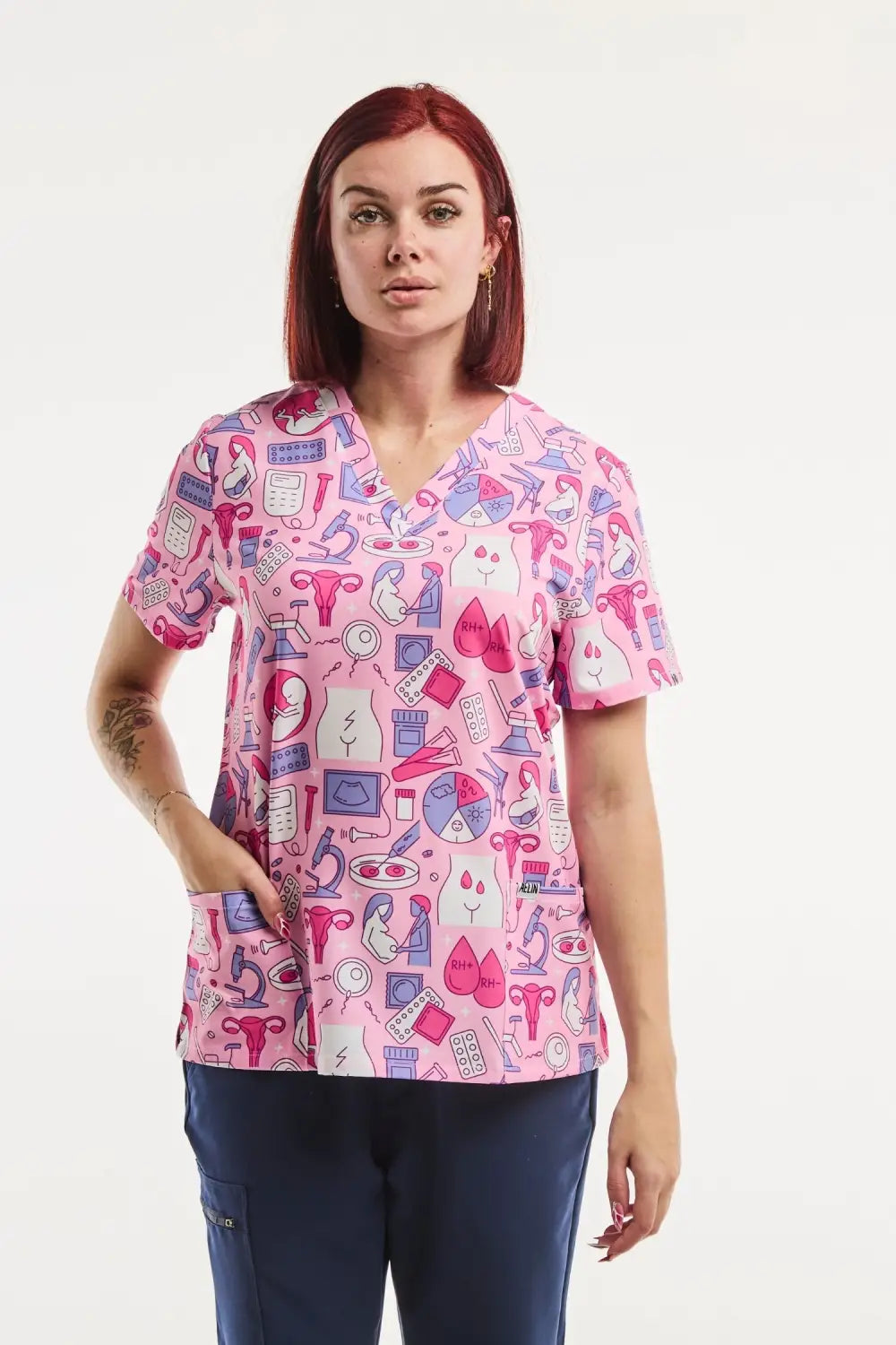 Aelin Paris Tunique Médicale Stretch Femme Rose Imprimé Gynécologue