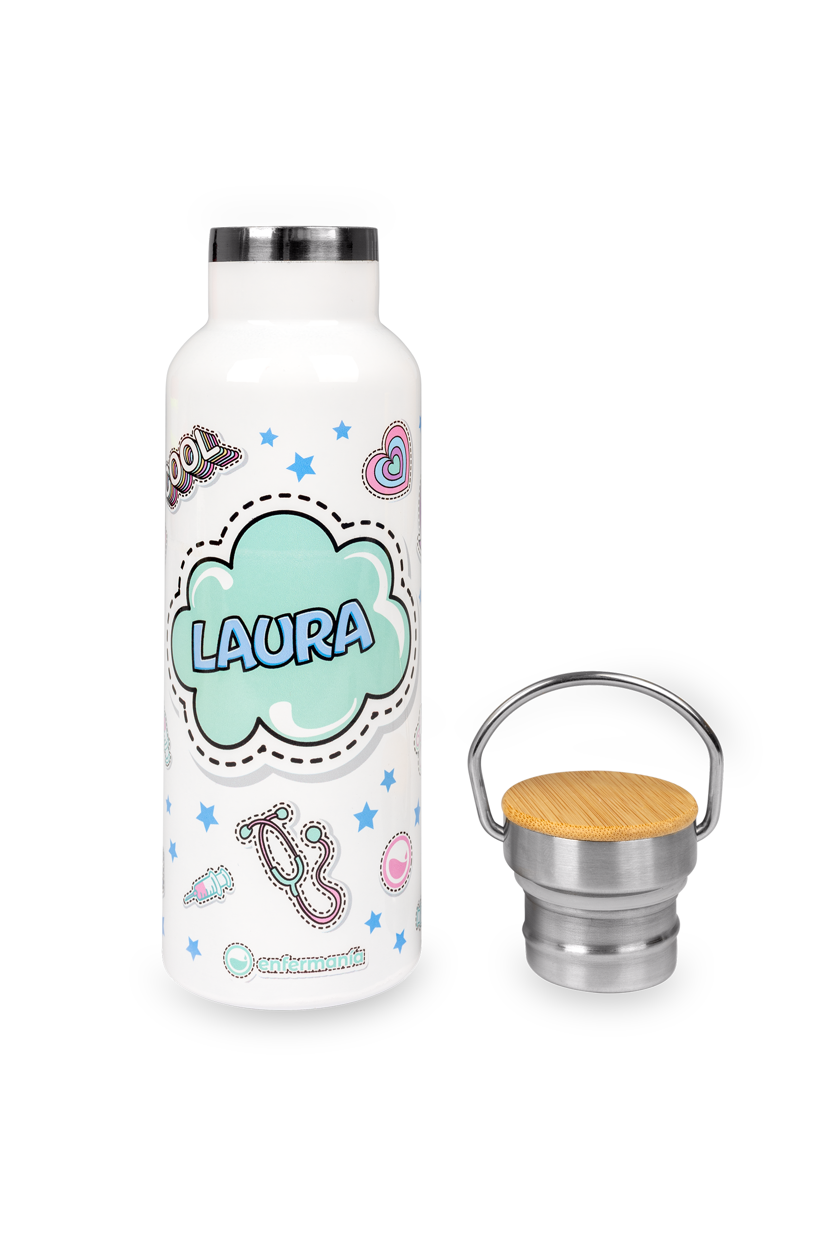 Enfermania Regalos Stickers pack gourde inox + mug isotherme