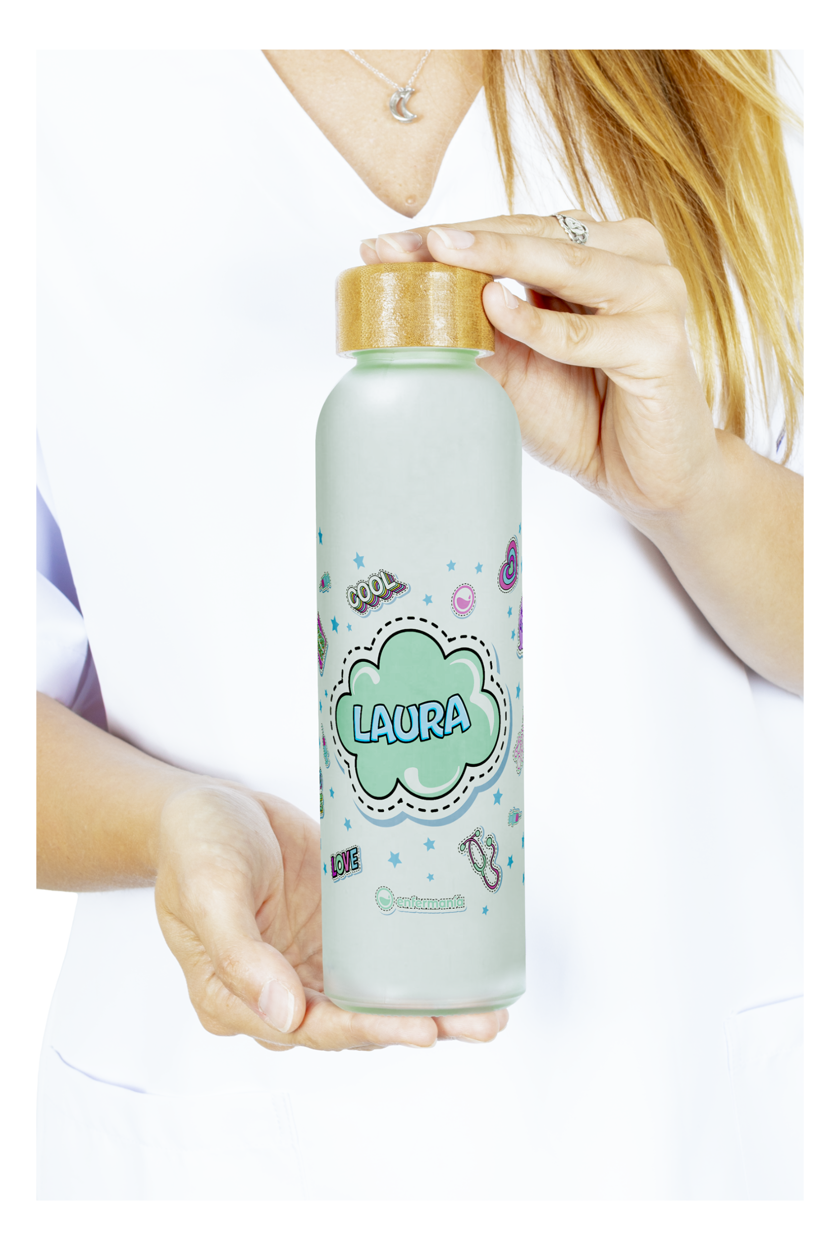 Enfermania Regalos Bidon verre 500 ml bambou Stickers