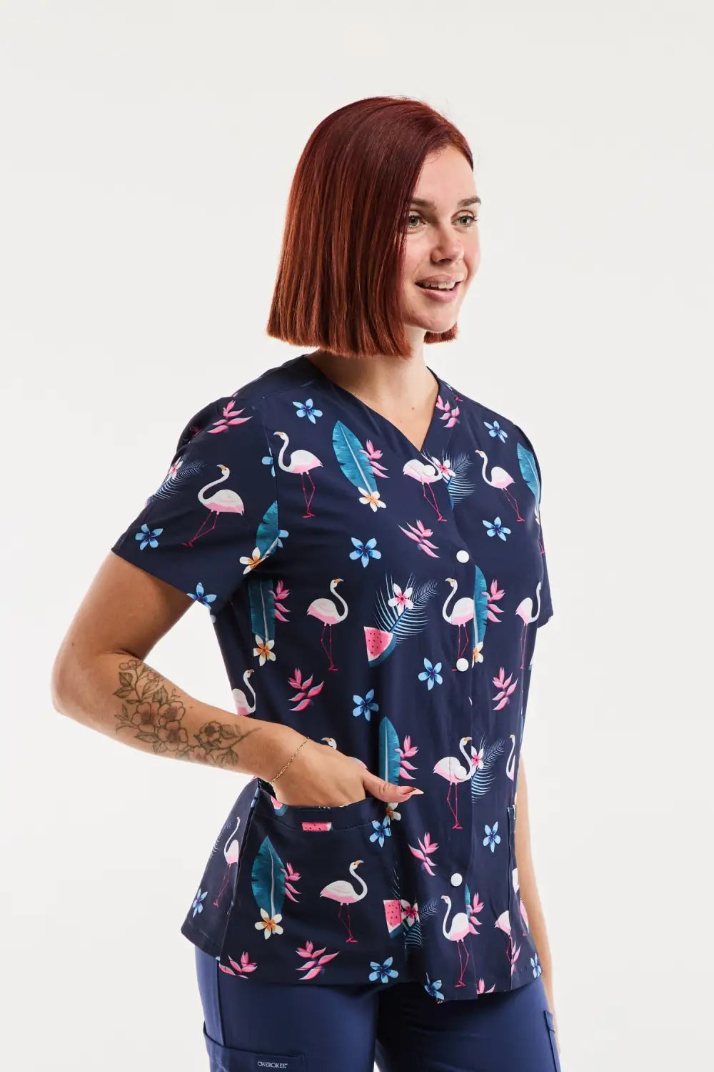 Aelin Serena blouse médicale femme flamants roses marine taille M