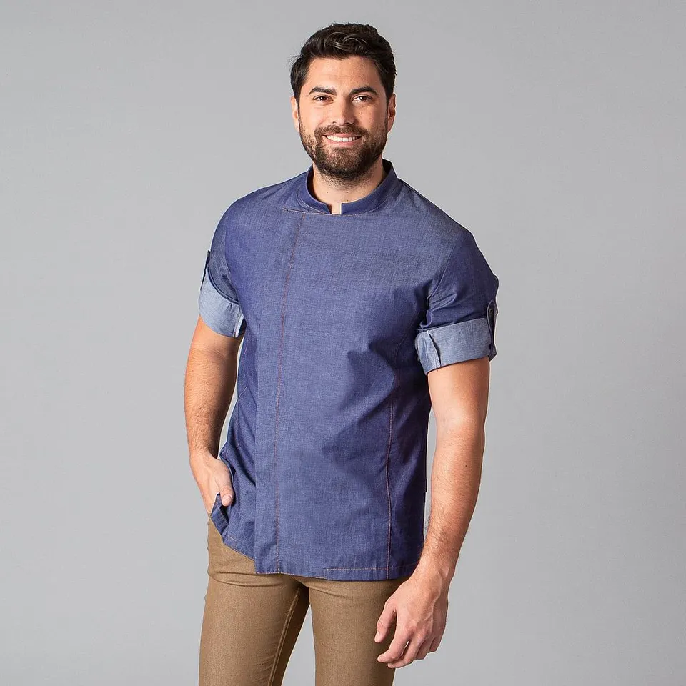 Gary's Marcos Veste Cuisine Unisexe Chambray Bleu Coton