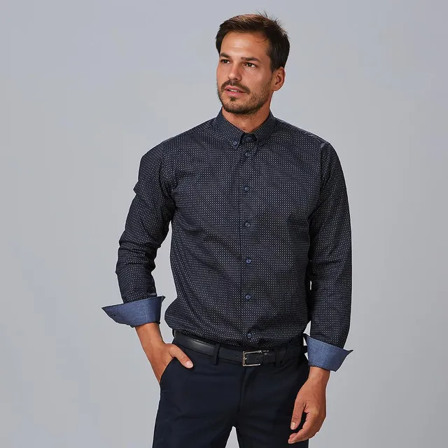 Gary's Nino Chemise Slim Fit Marine Pois Manches Longues