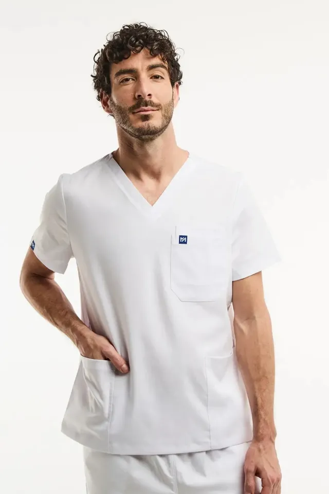 Aelin LUCA Blanc Tunique Médicale Homme Col V Poches