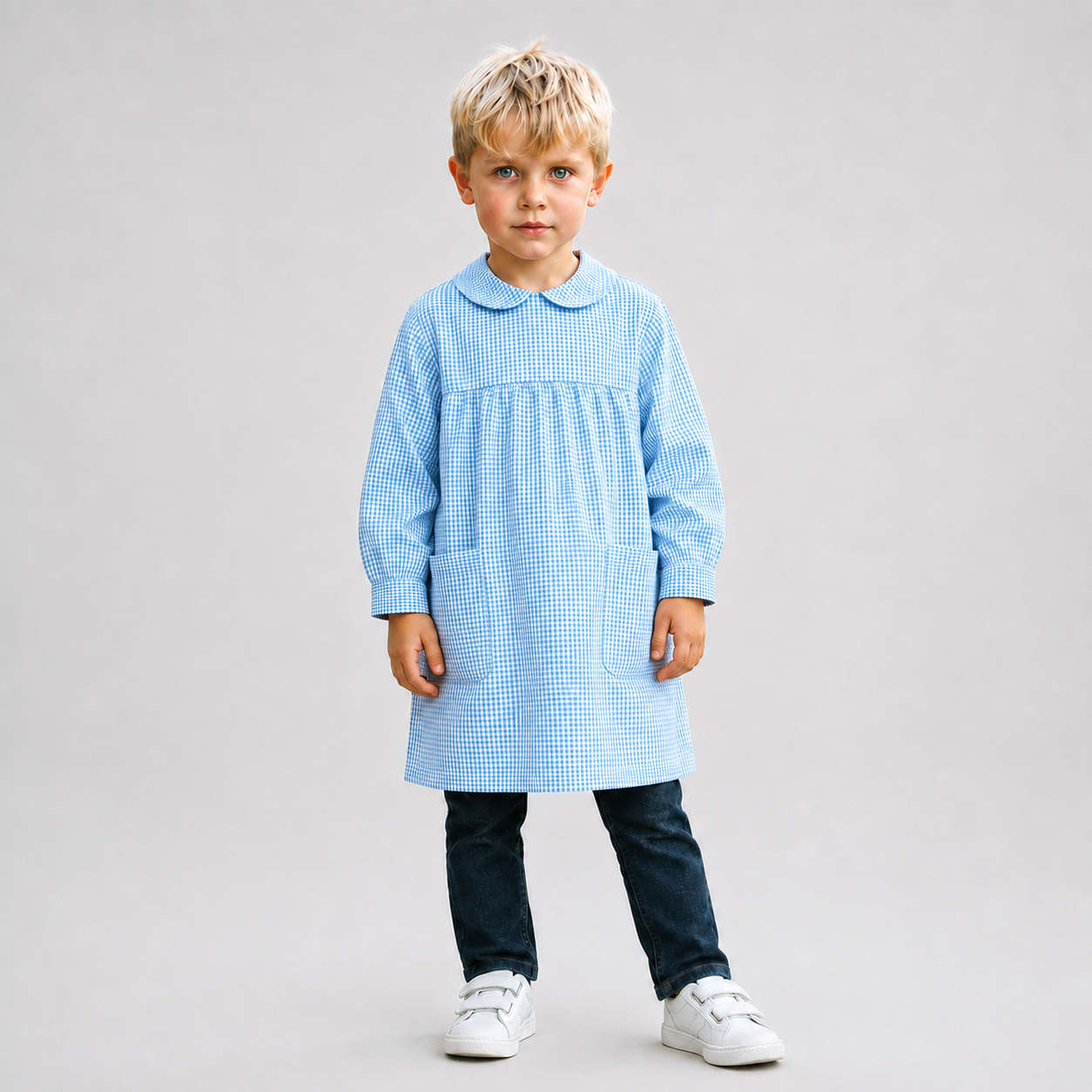 GARY'S Colegial blouse enfant vichy bleue col rond
