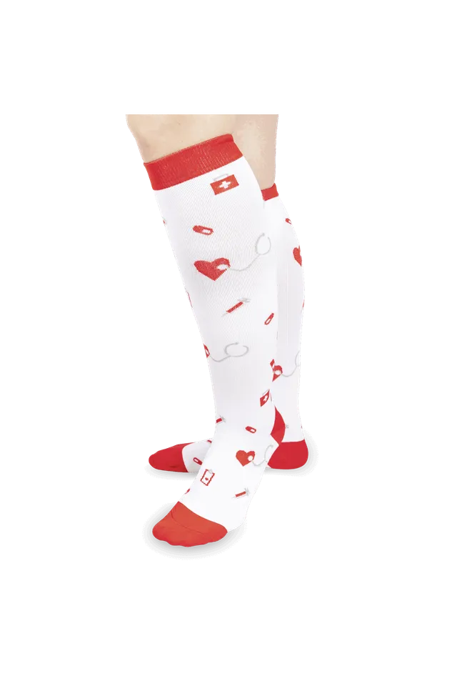 Enfermania chaussettes compression seringues rouges fatigue jambes