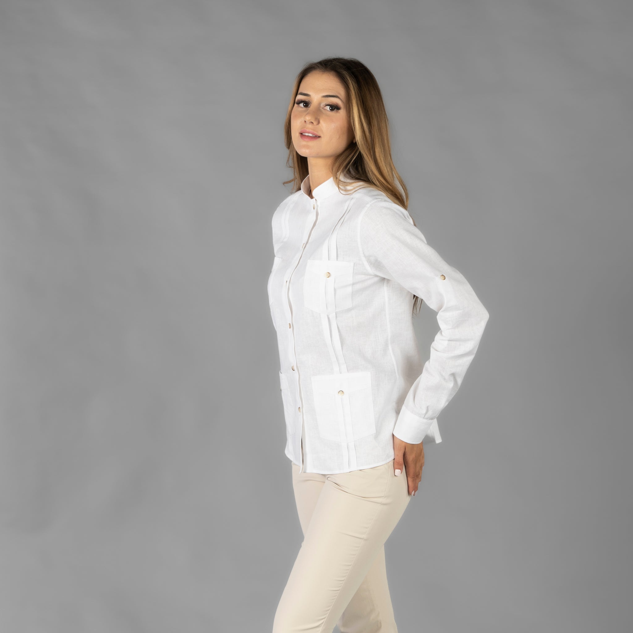 GARY'S Isabela chemise femme col mao lin blanc