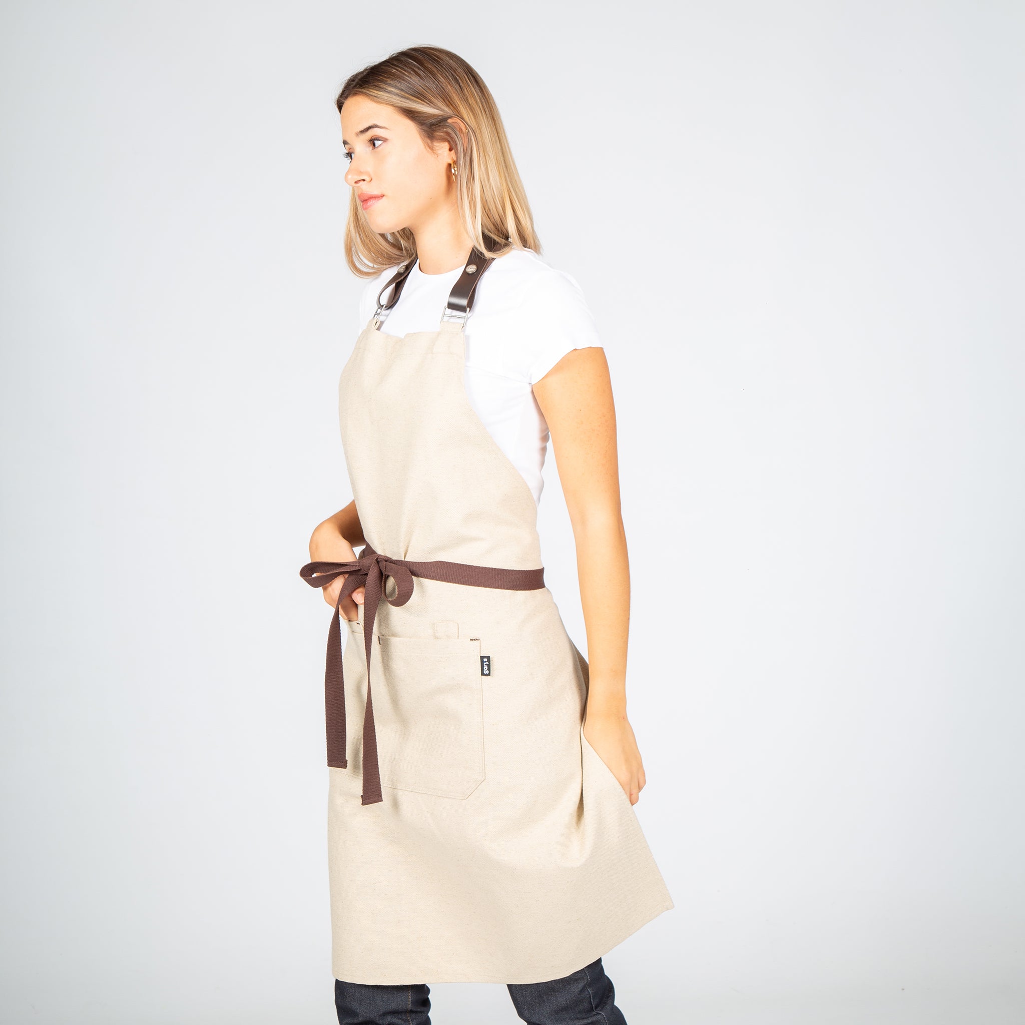 Gary's Aprons tablier bavette beige 82x72 sangle cuir 4 poches