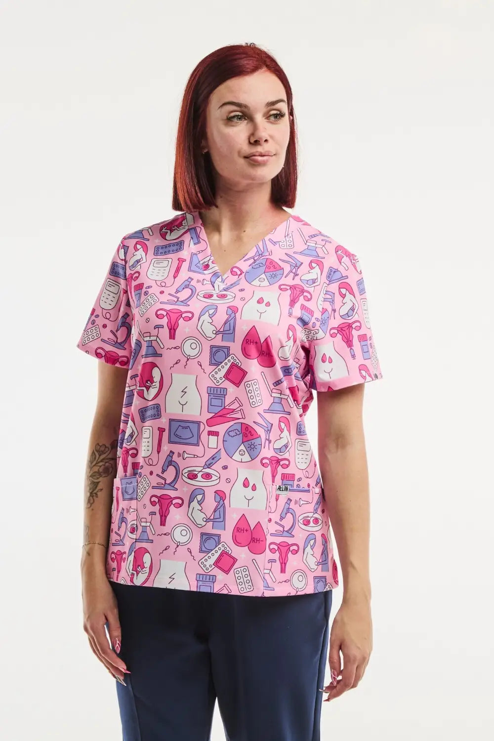 Aelin Paris Tunique Médicale Stretch Femme Rose Imprimé Gynécologue