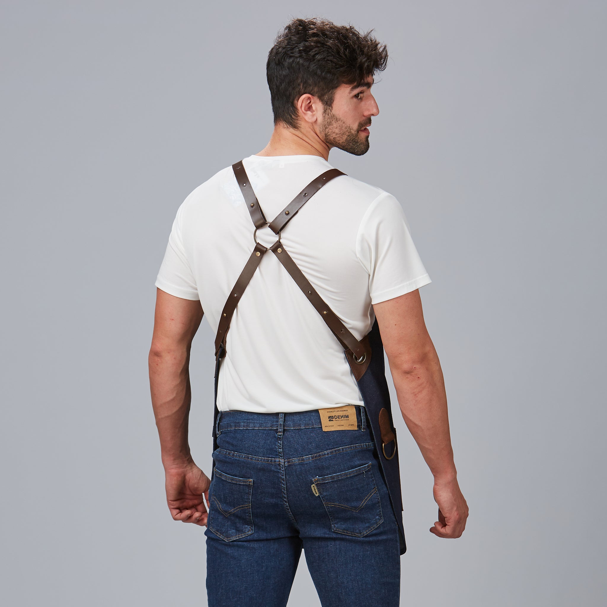 GARY'S tablier bavette denim cuir marine 73x68 cm