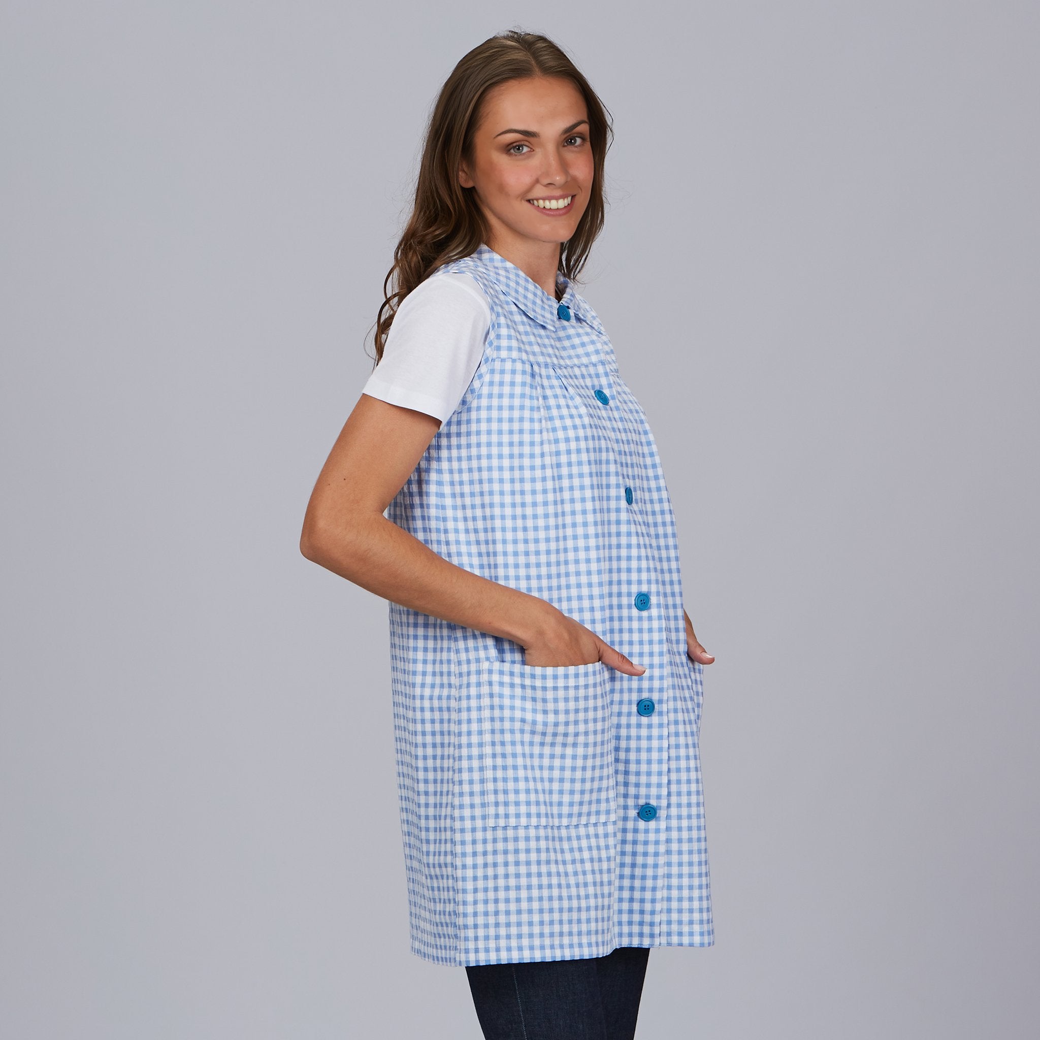 GARY'S blouse tablier vichy céleste sans manches M