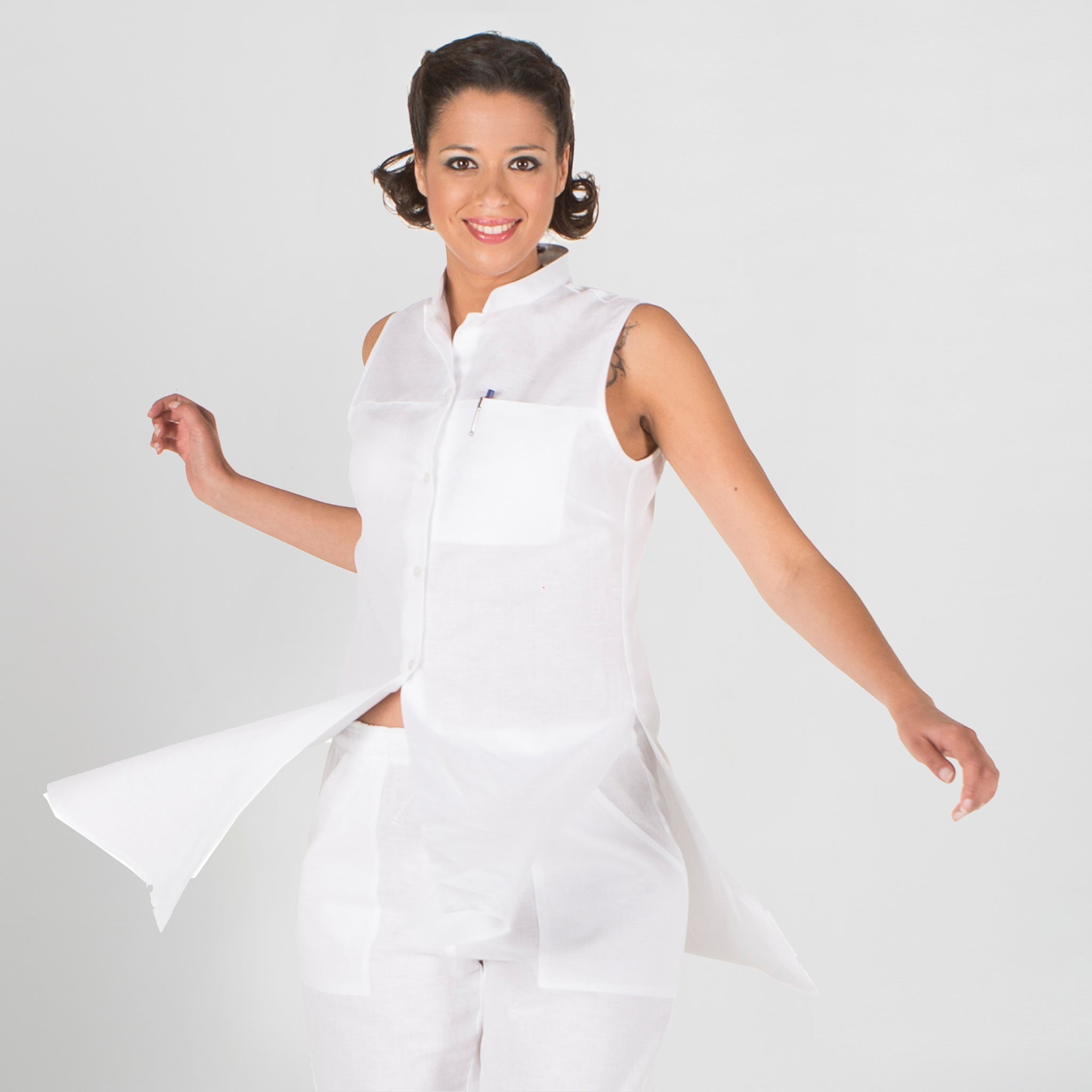 GARY'S Linen blouse blanche sans manches col mao coton