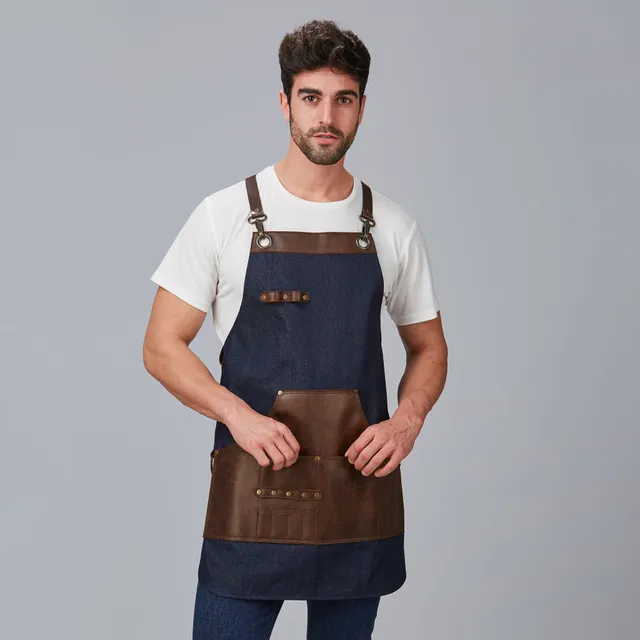 GARY'S tablier bavette denim cuir marine 73x68 cm