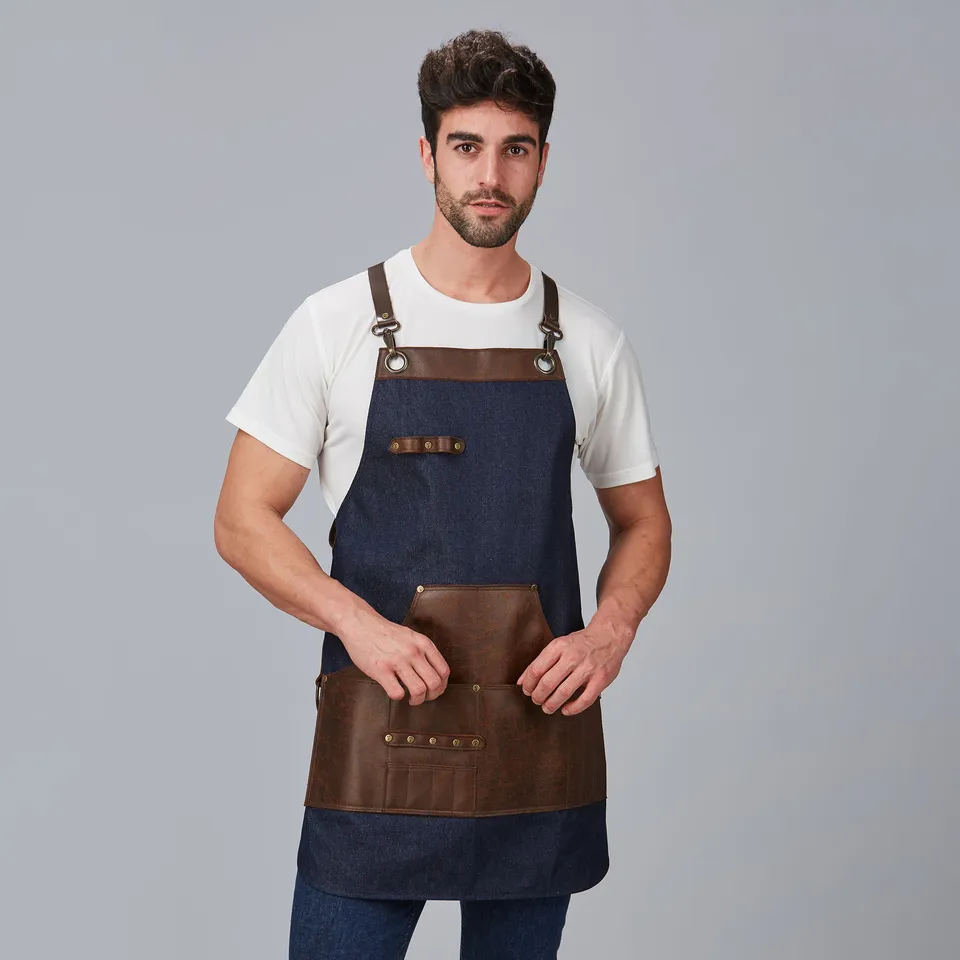 GARY'S tablier bavette denim cuir marine 73x68 cm
