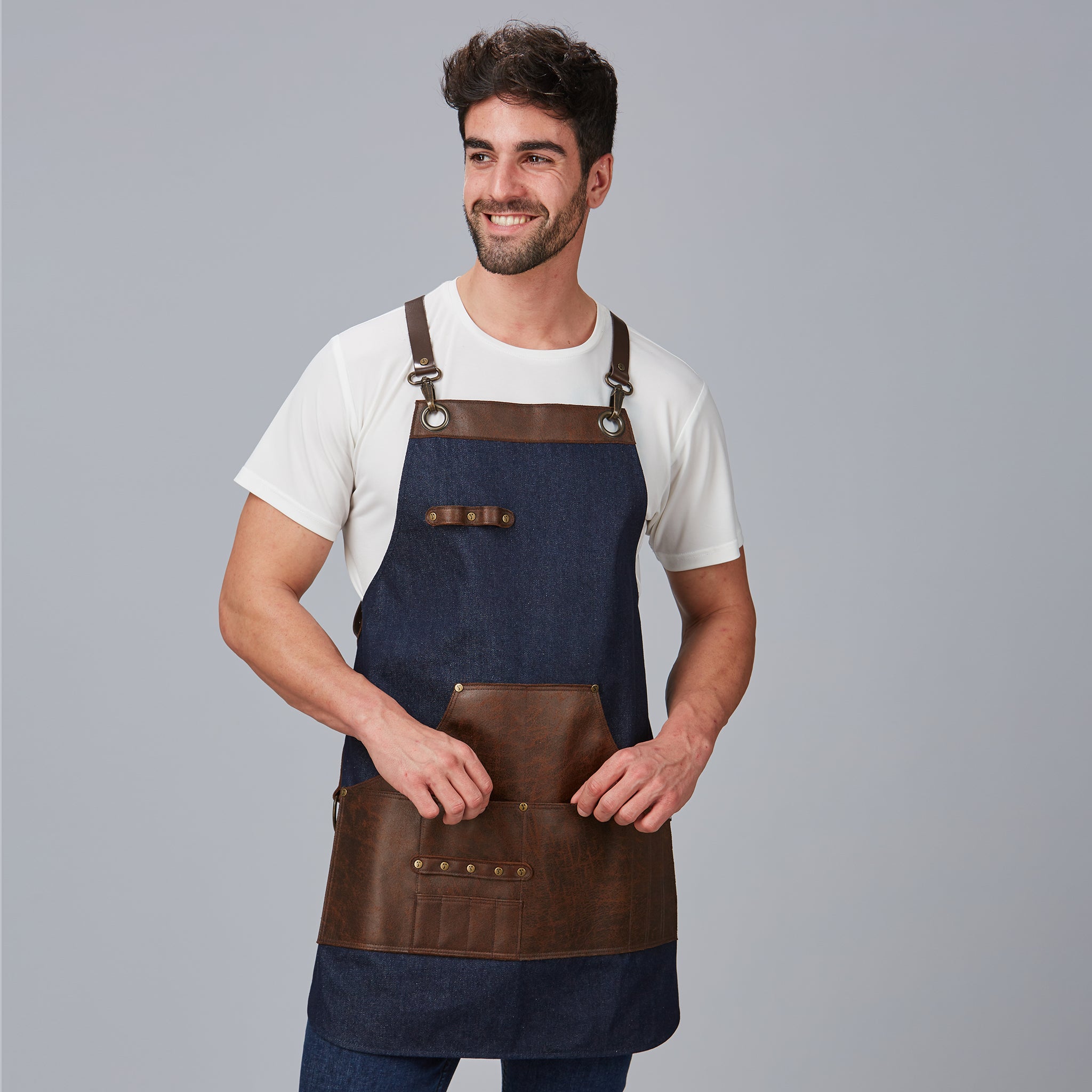 GARY'S tablier bavette denim cuir marine 73x68 cm