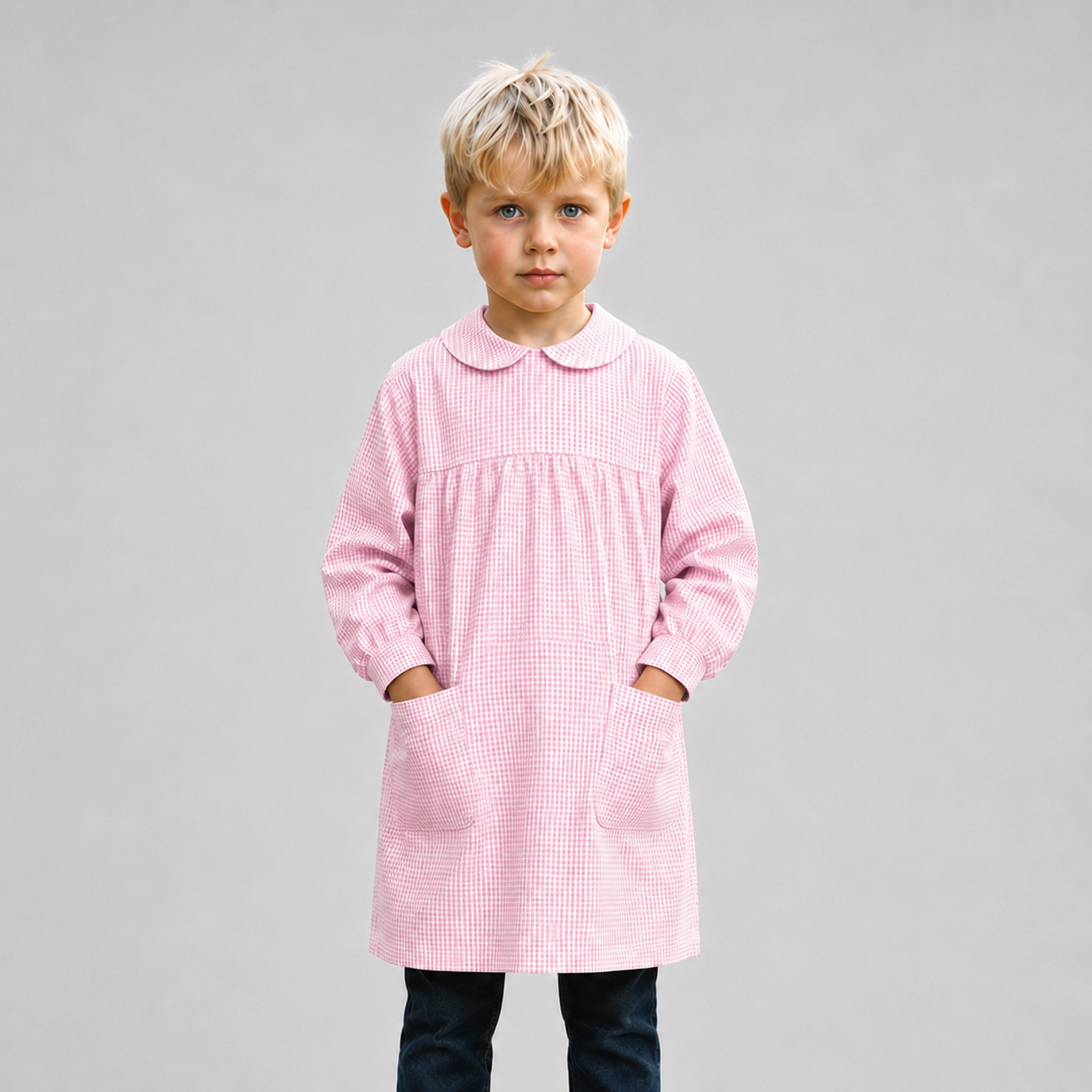 GARY'S Colegial blouse enfant vichy bleue col rond