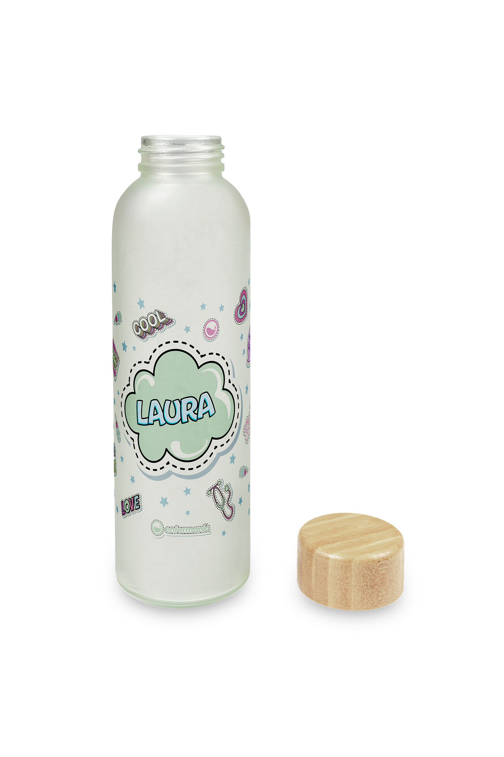 Enfermania Regalos Bidon verre 500 ml bambou Stickers
