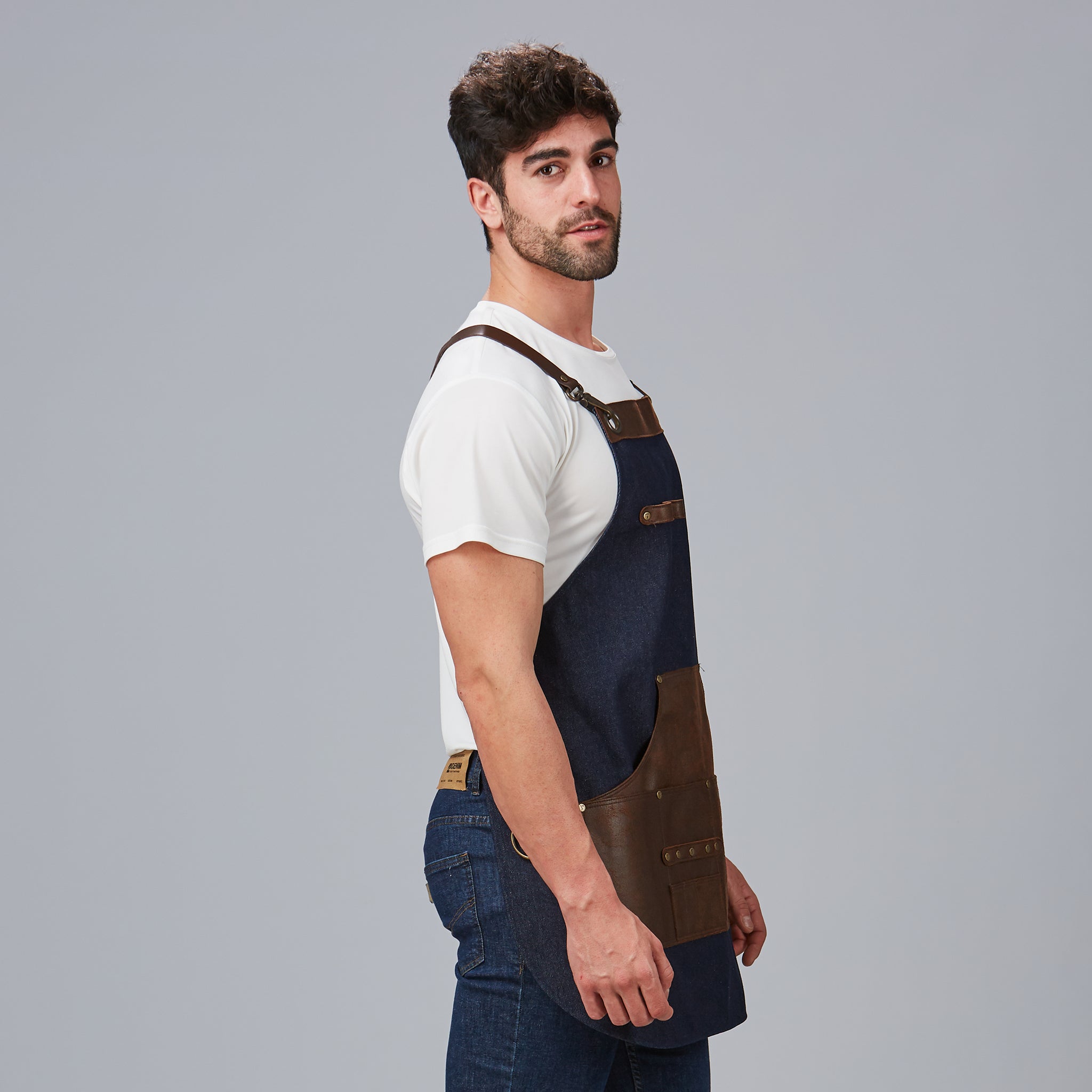 GARY'S tablier bavette denim cuir marine 73x68 cm