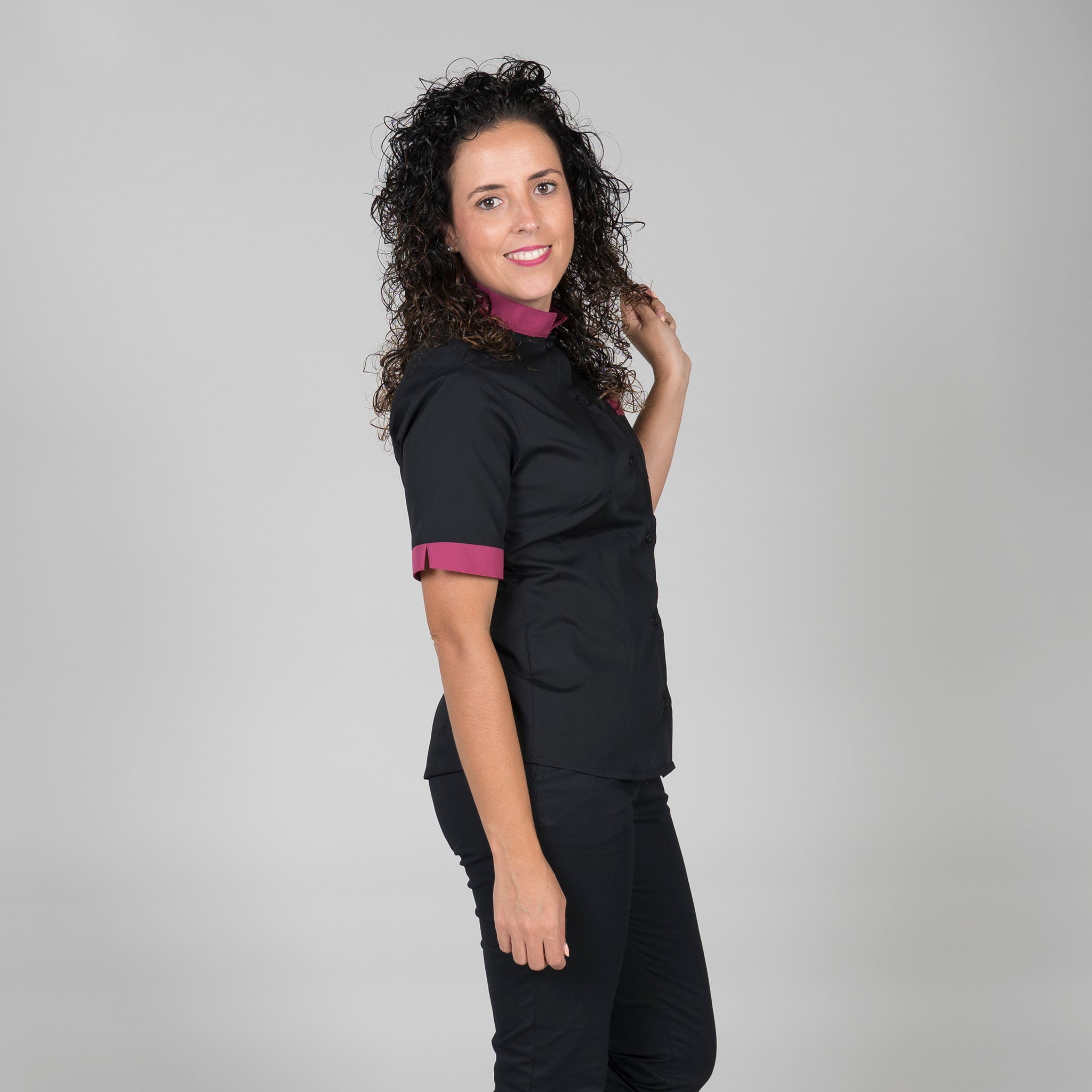 GARY'S Combi chemise femme col mao noire bordeaux manches courtes