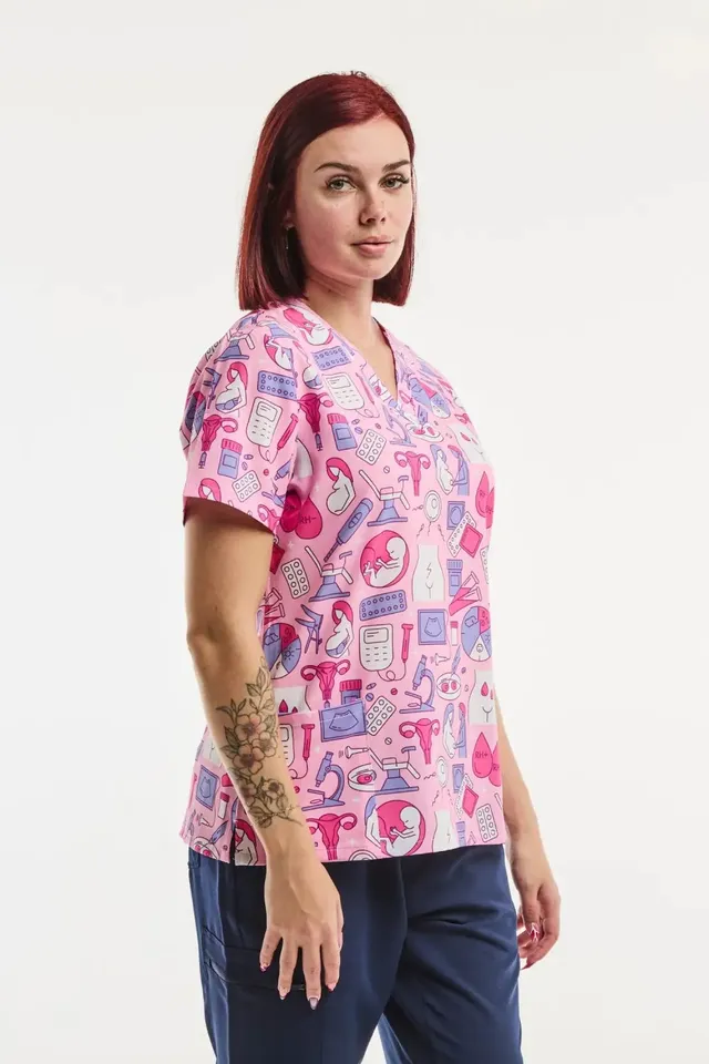 Aelin Paris Tunique Médicale Stretch Femme Rose Imprimé Gynécologue
