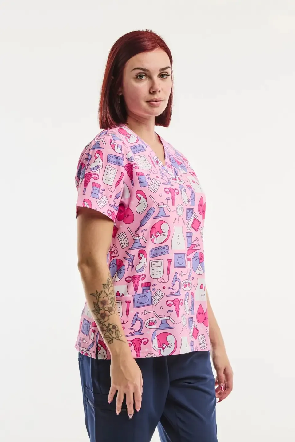Aelin Paris Tunique Médicale Stretch Femme Rose Imprimé Gynécologue