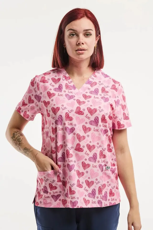 Aelin Paris Stretch Tunique médicale femme rose cœurs