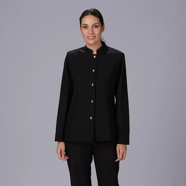 GARY'S Veste Travail Femme Noire Col Mao Boutons Or XS