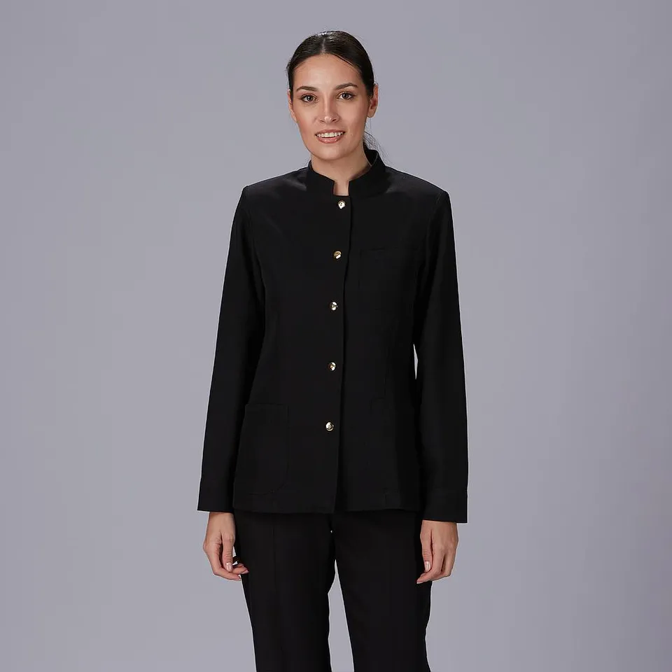 GARY'S Veste Travail Femme Noire Col Mao Boutons Or XS