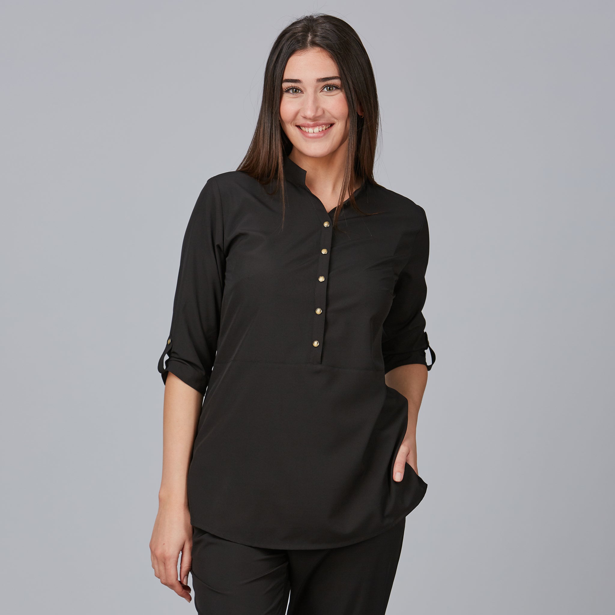 Gary's Vinca blouse travail femme col mao noir manches courtes