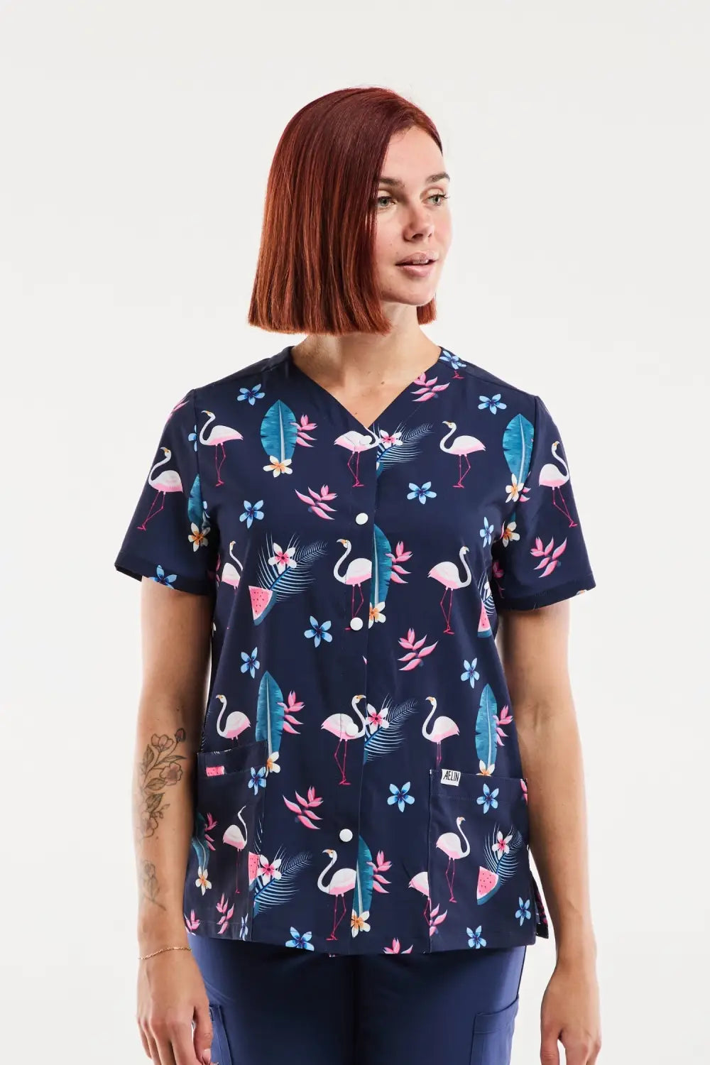 Aelin Serena blouse médicale femme flamants roses marine taille M