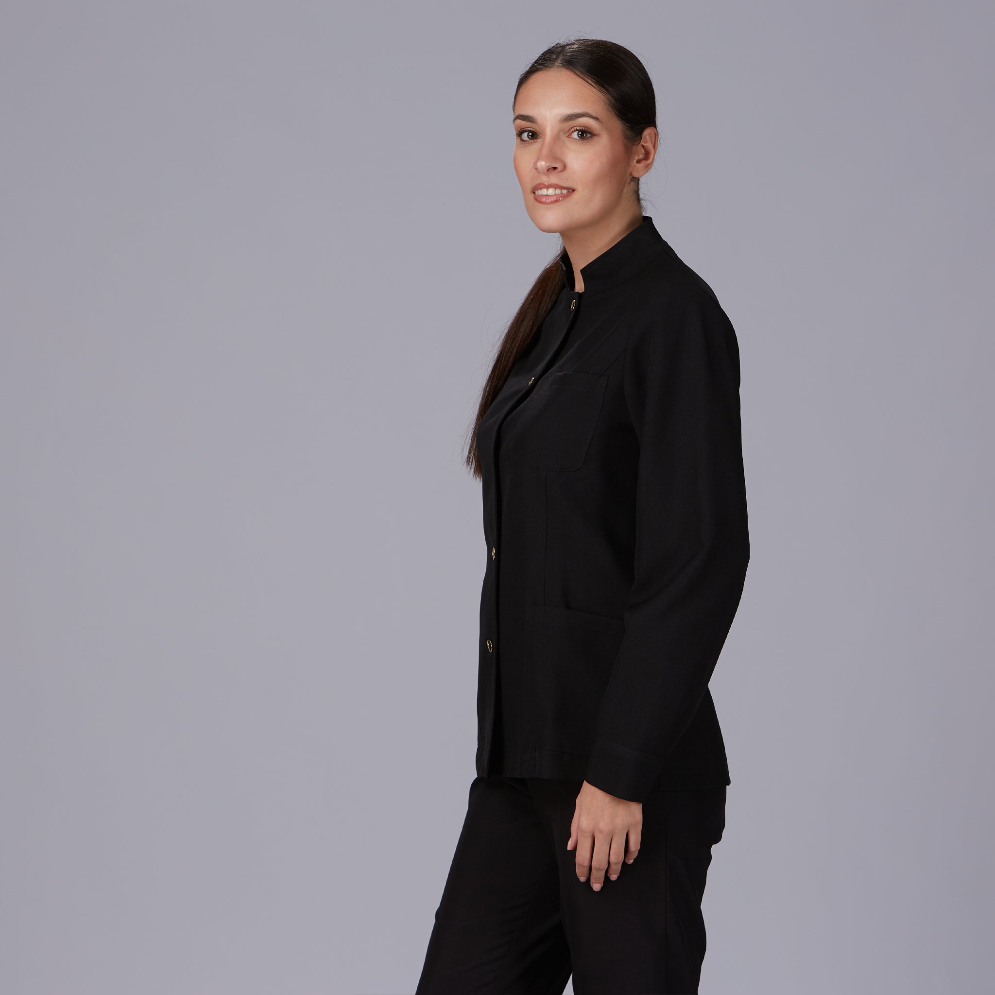 GARY'S Veste Travail Femme Noire Col Mao Boutons Or XS
