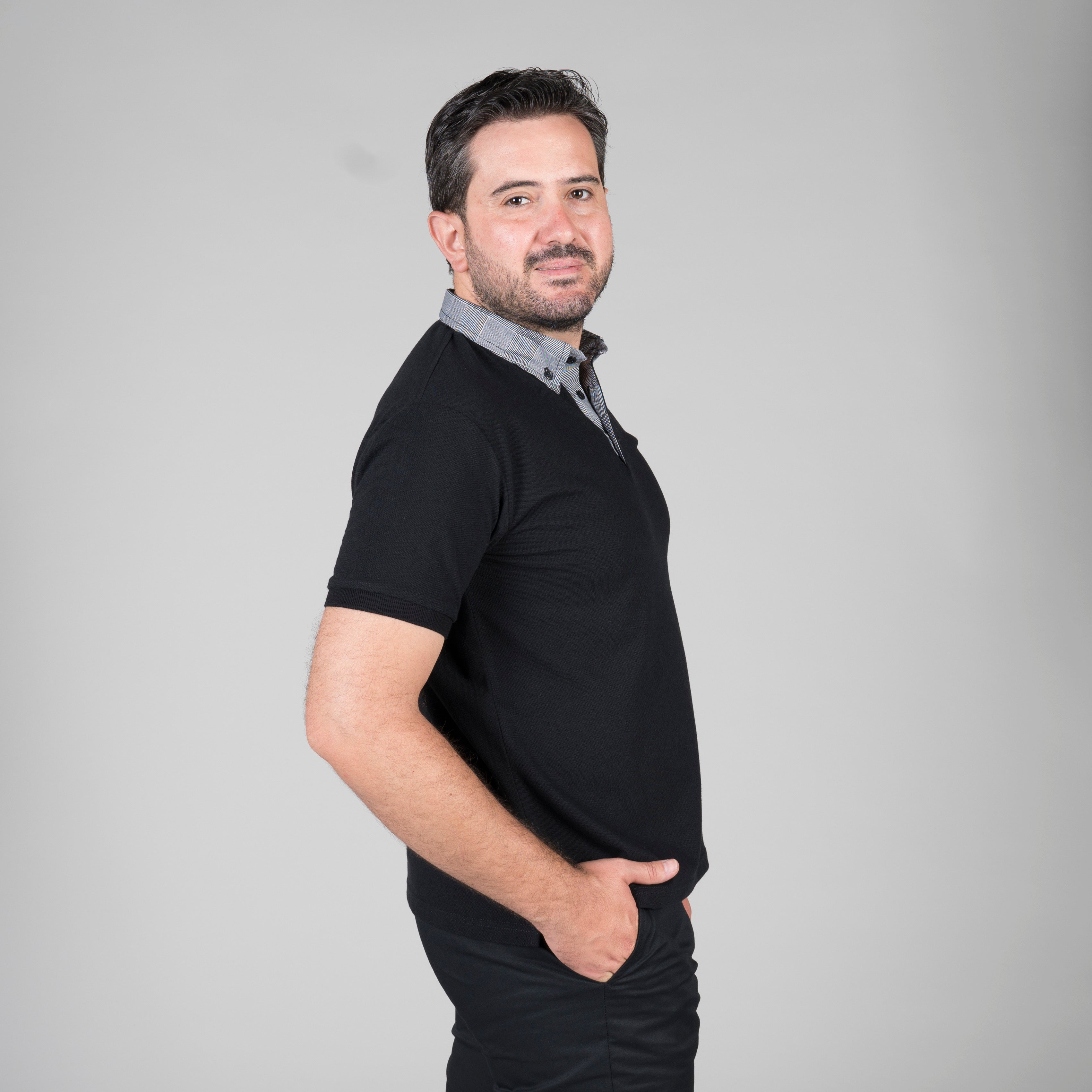 GARY'S Polo Homme Noir Gris Carreaux Manches Courtes