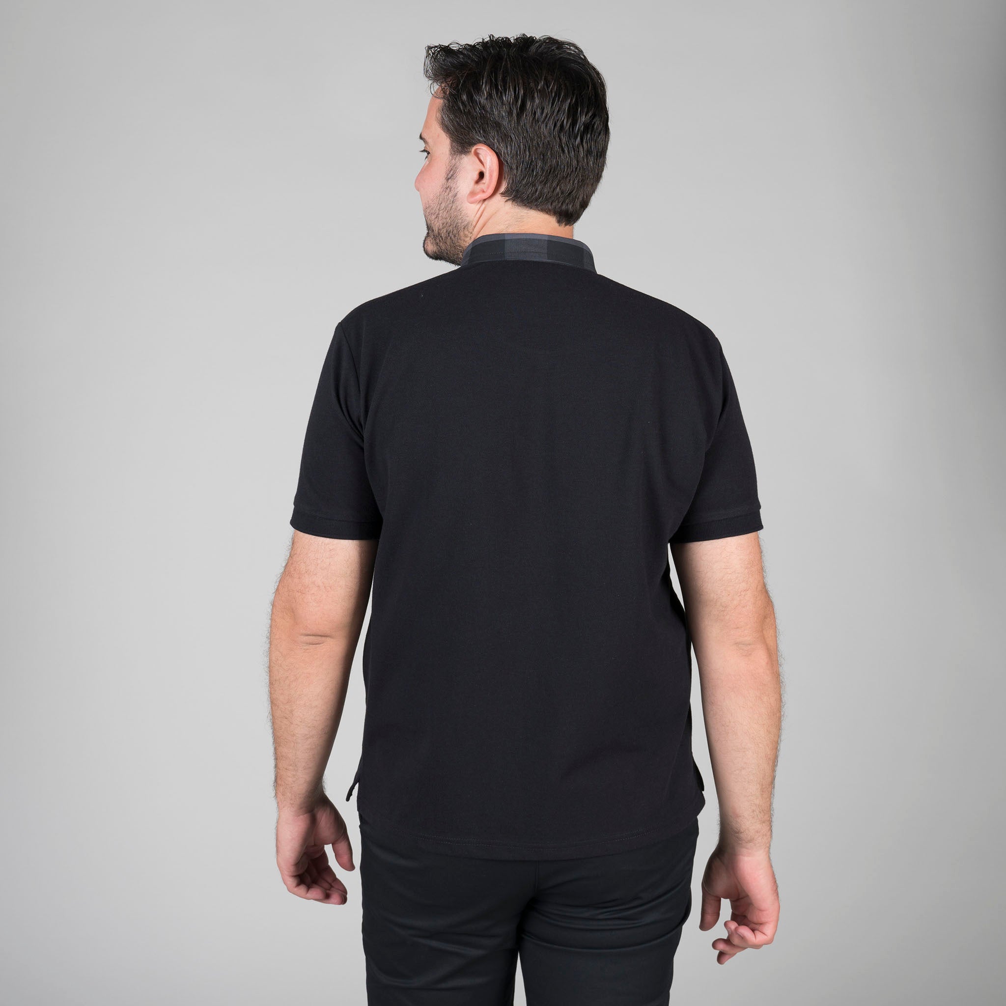 GARY'S Polo Homme Noir Gris Carreaux Manches Courtes