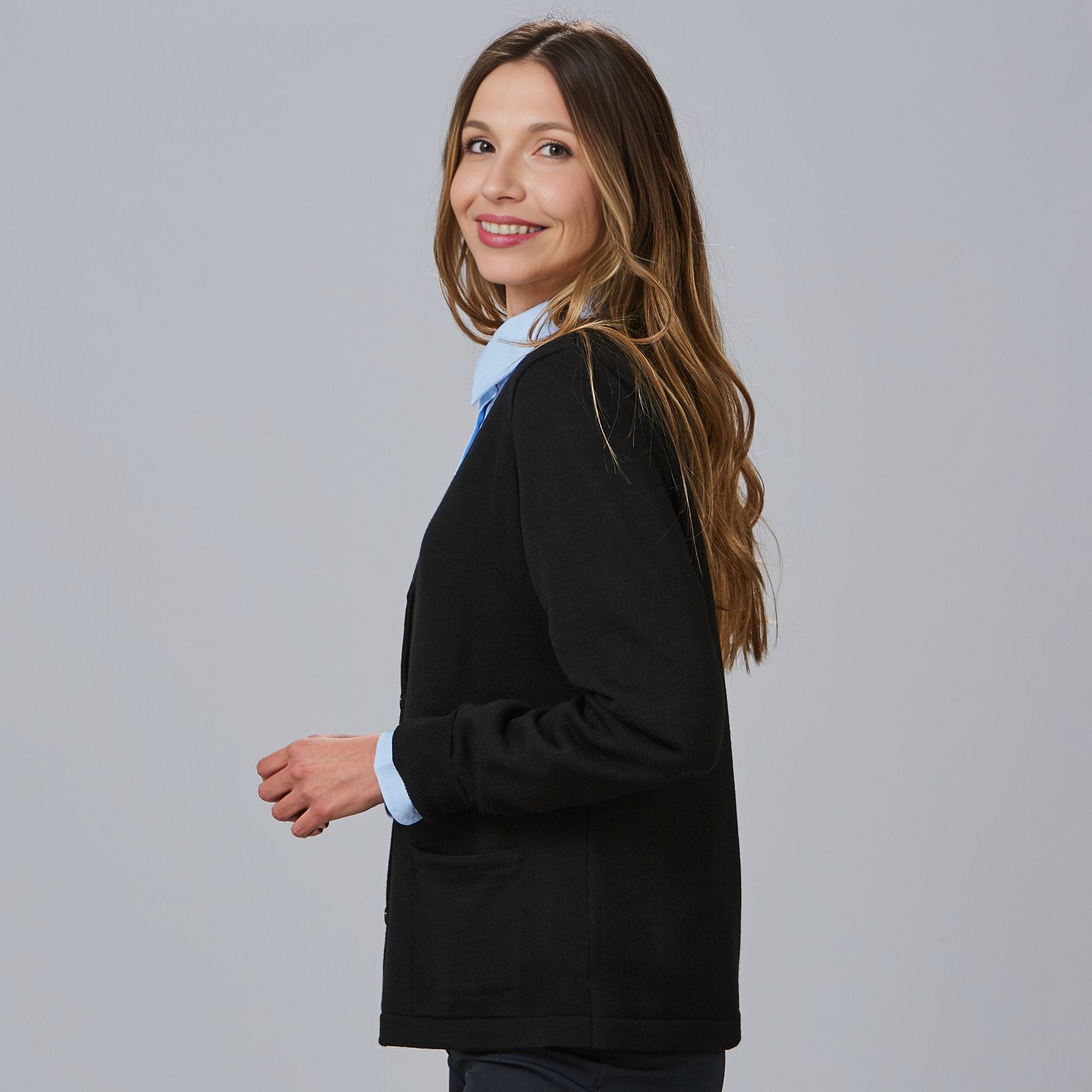 GARY'S Cardigan gilet de travail femme noir laine mérinos