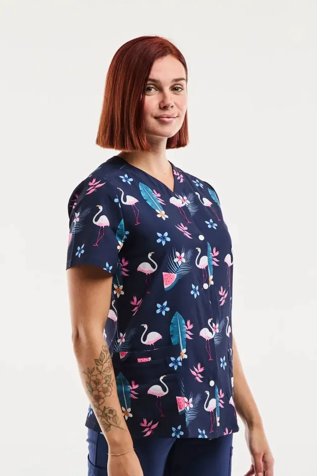 Aelin Serena blouse médicale femme flamants roses marine taille M