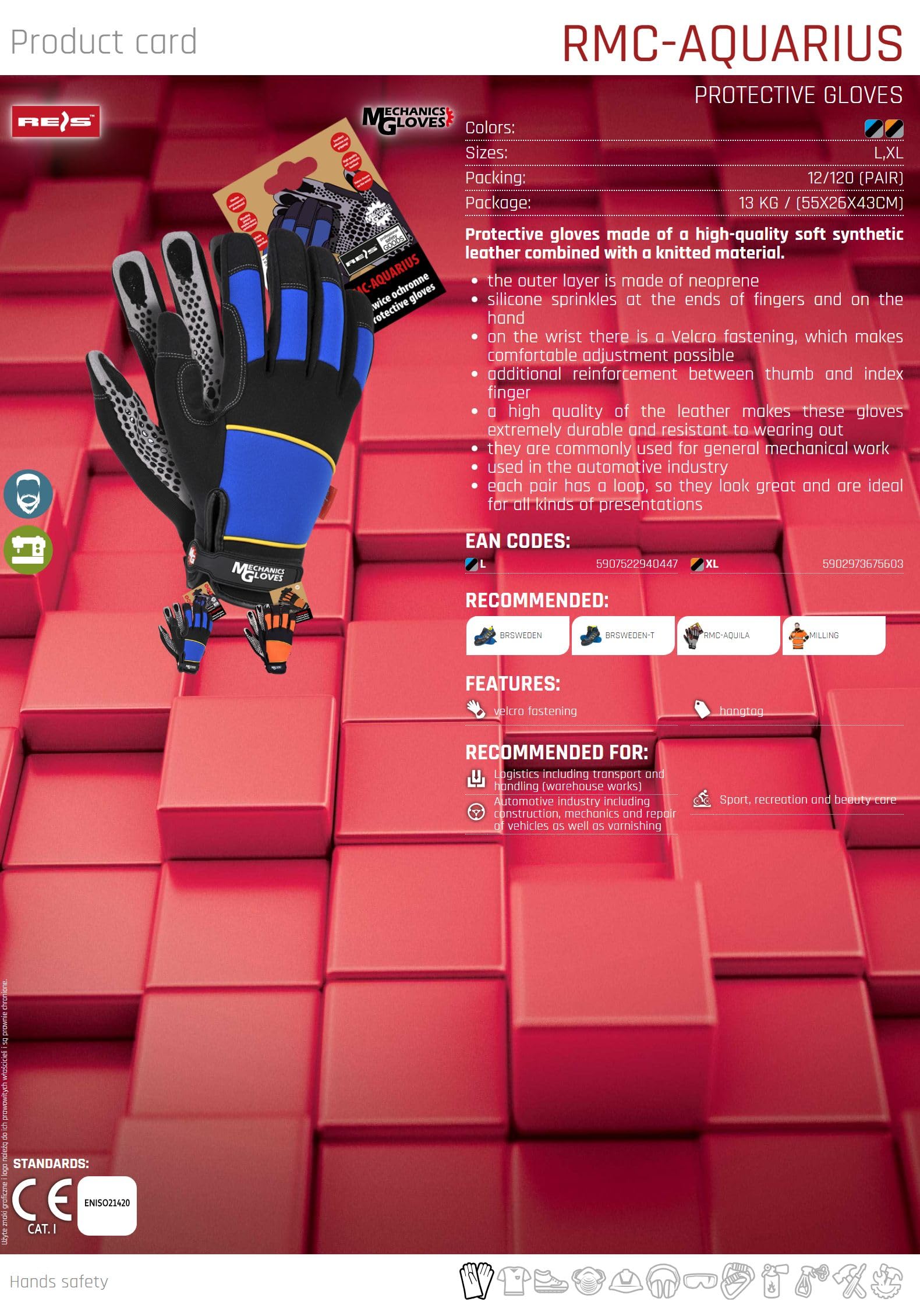 Reis Aquarius Gants Travail Bleu Noir L Lot 12