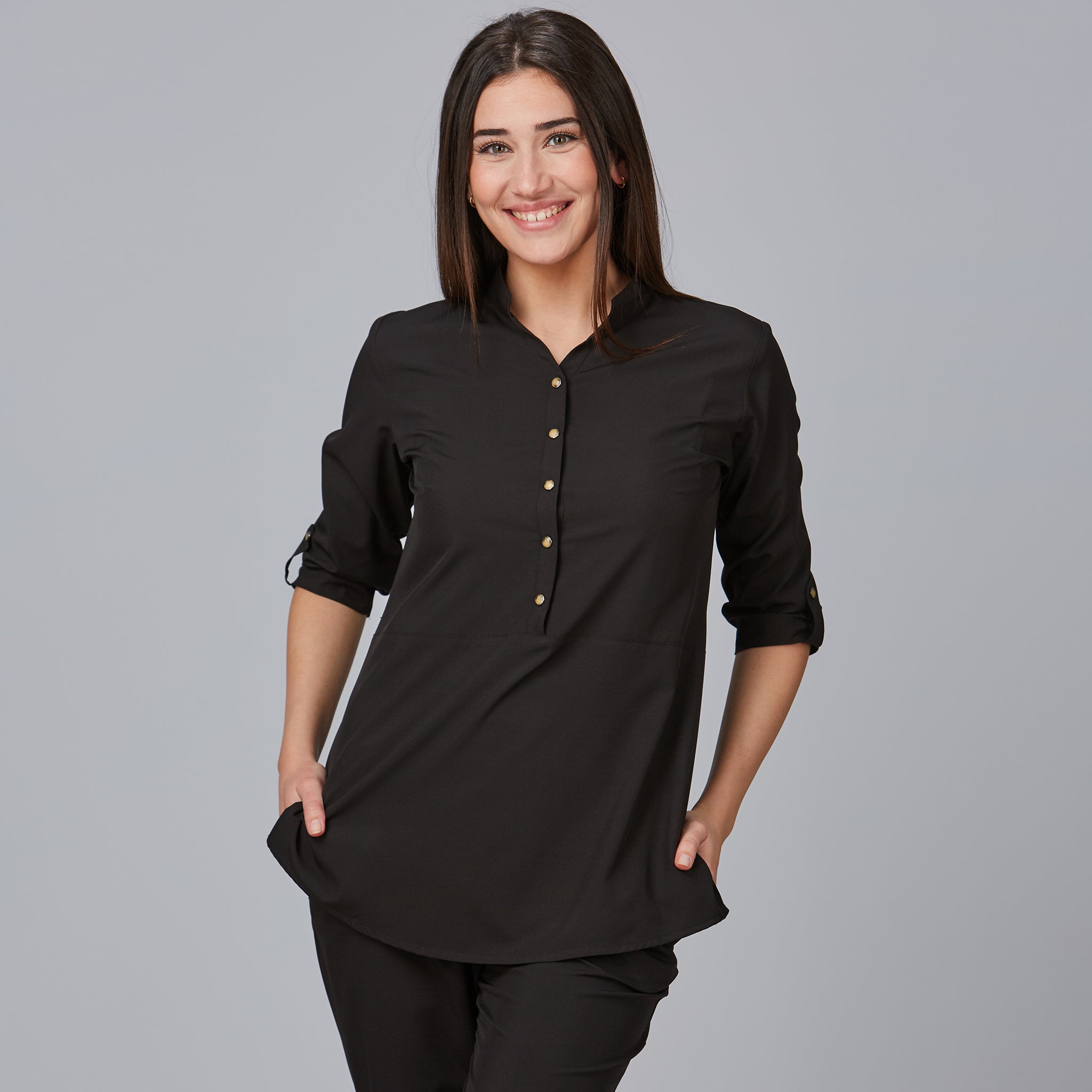 Gary's Vinca blouse travail femme col mao noir manches courtes