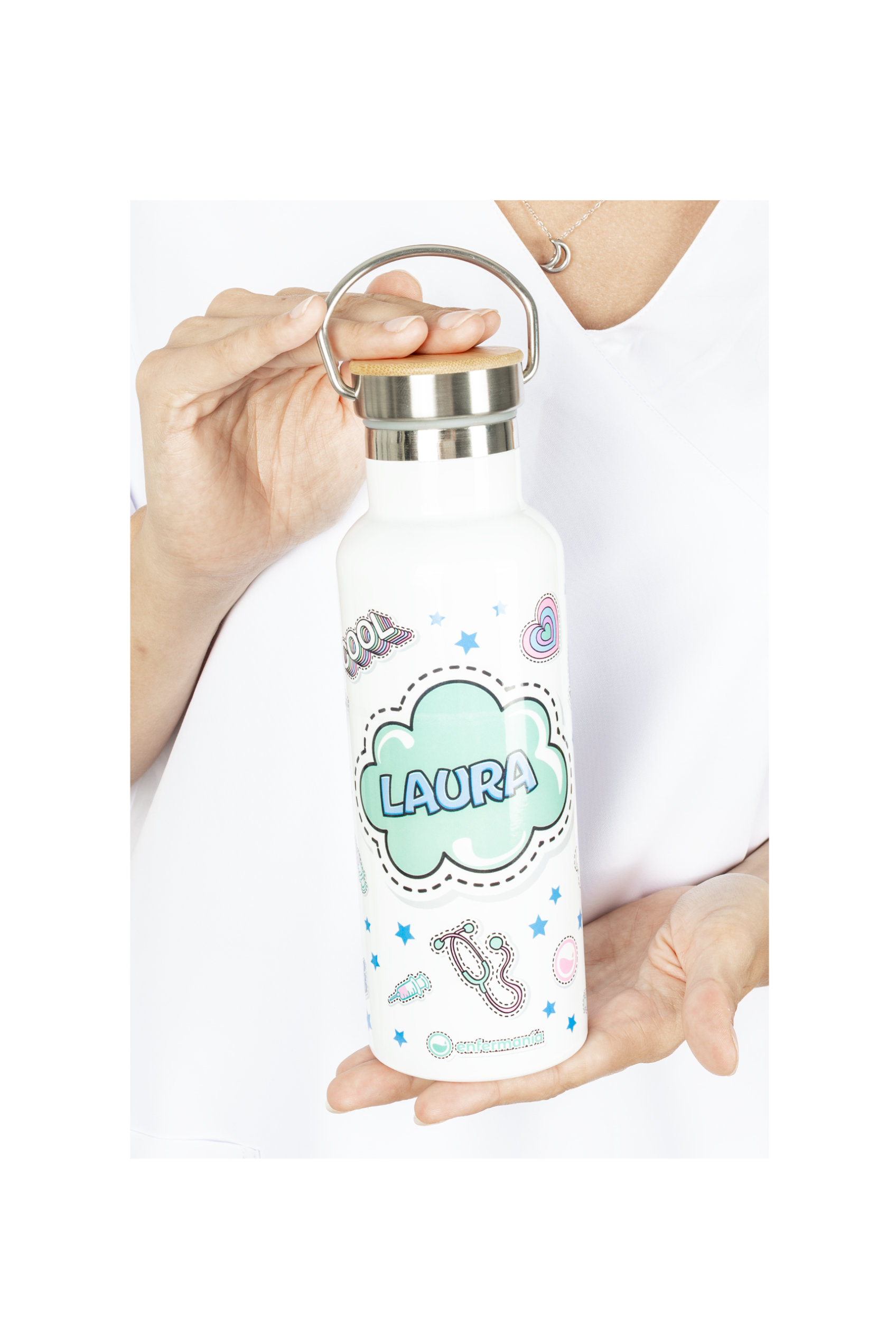 Enfermania Stickers gourde inox 500 ml bambou personnalisable