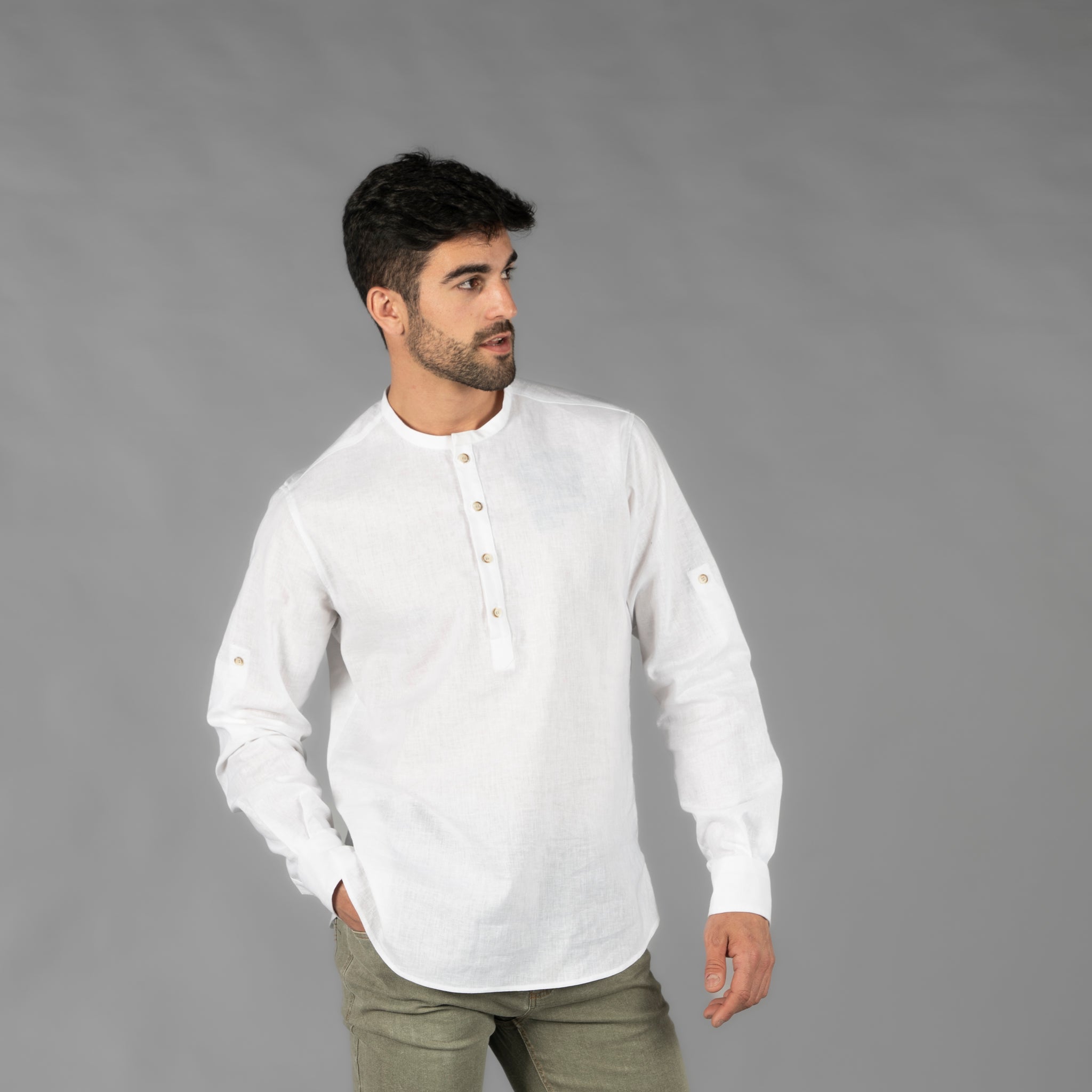 GARY'S Tiwi chemise homme lin coton col mao blanc